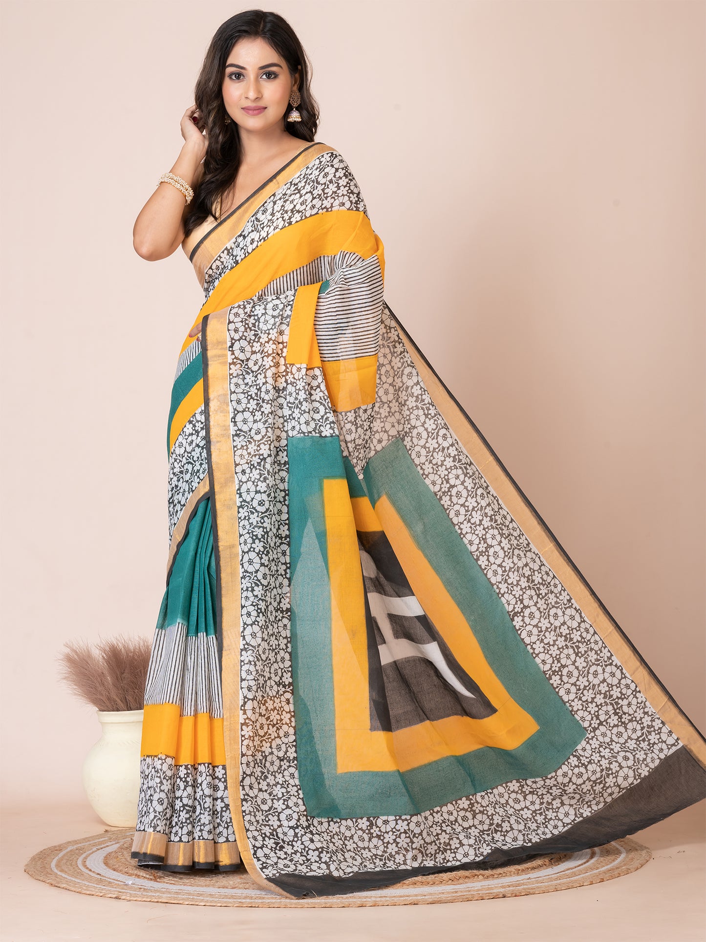 Beautiful Green & Multi floral Swastik design cotton hand painted saree by ITARA
