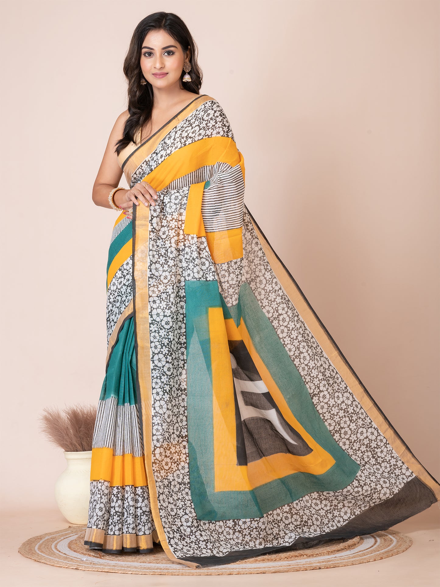 Beautiful Green & Multi floral Swastik design cotton hand painted saree by ITARA
