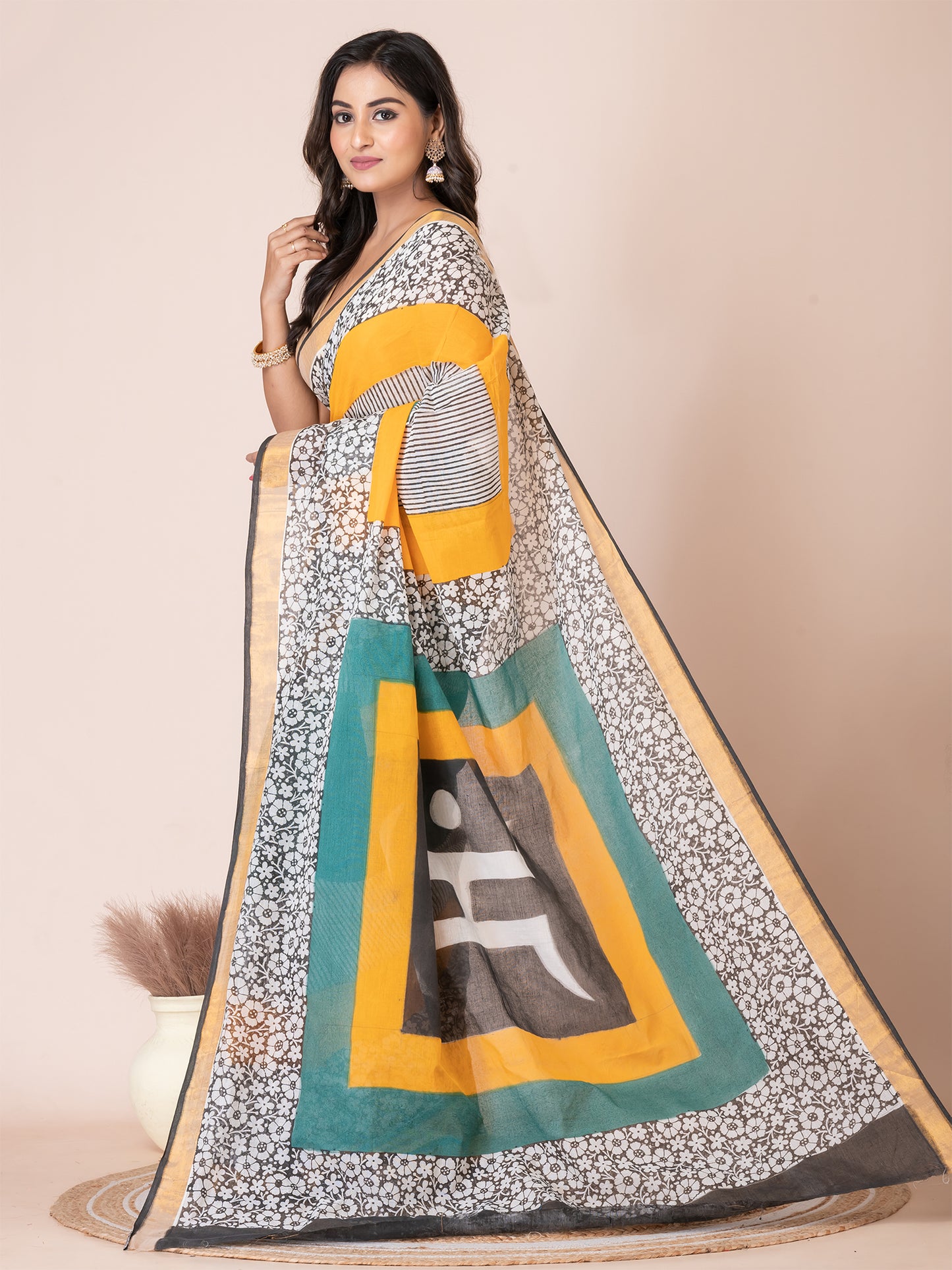 Beautiful Green & Multi floral Swastik design cotton hand painted saree by ITARA
