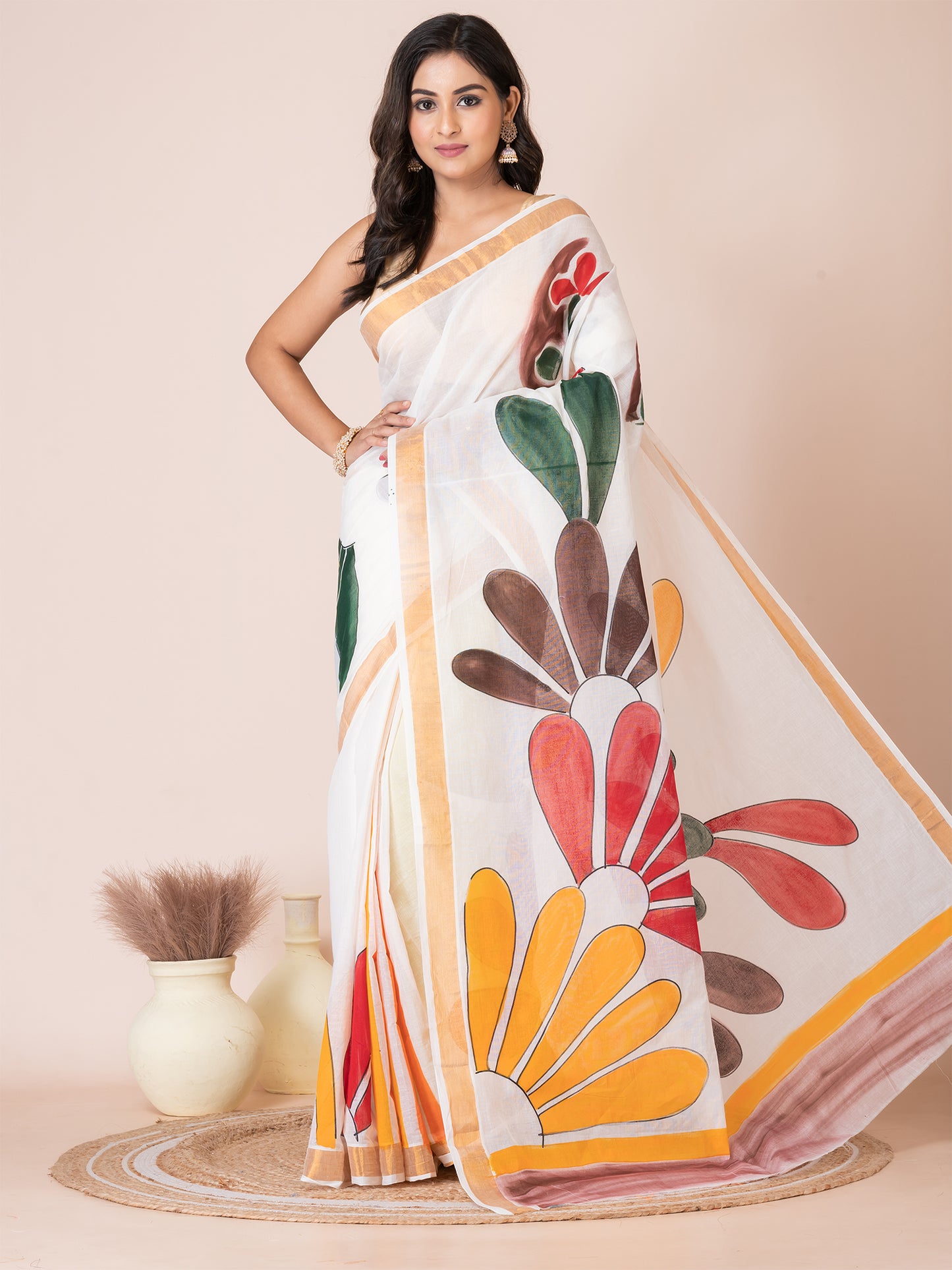 Bright White & Multi Floral Design Cotton Hand-Painted Saree By ITARA