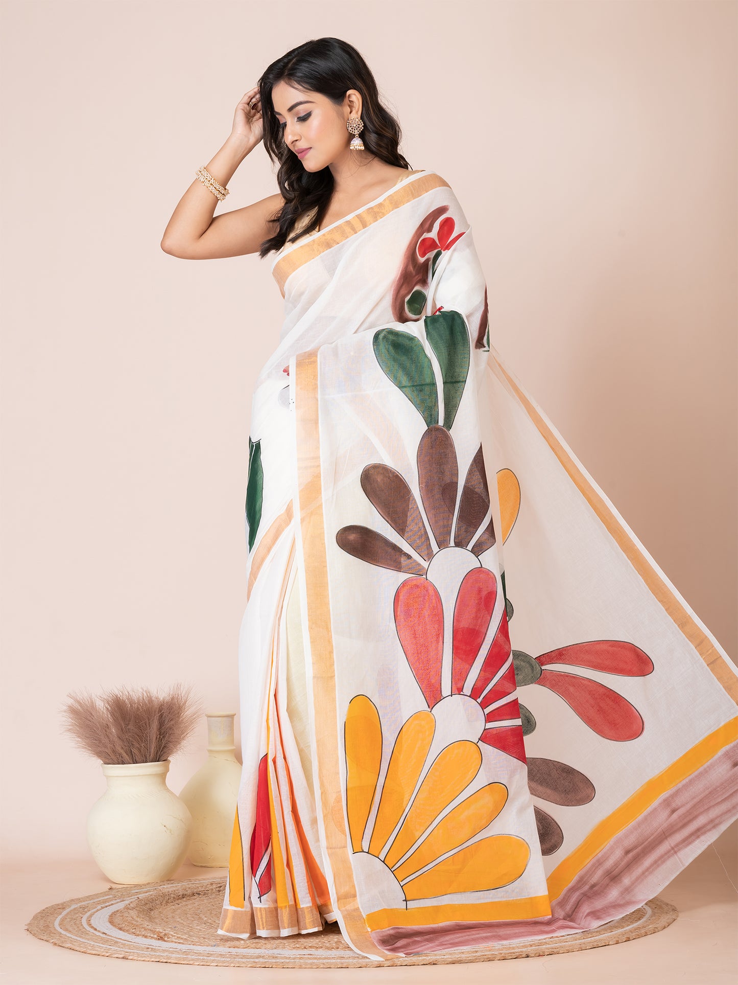 Bright White & Multi Floral Design Cotton Hand-Painted Saree By ITARA