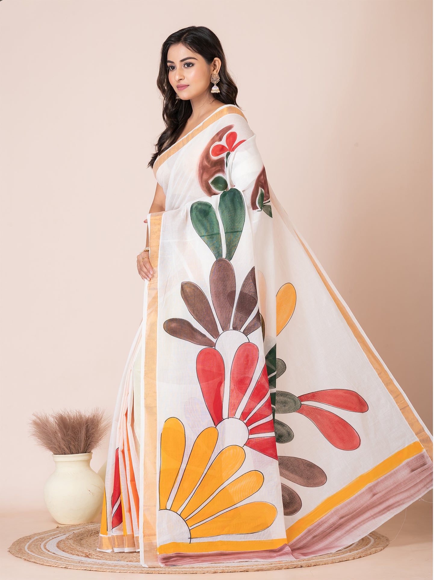 Bright White & Multi Floral Design Cotton Hand-Painted Saree By ITARA