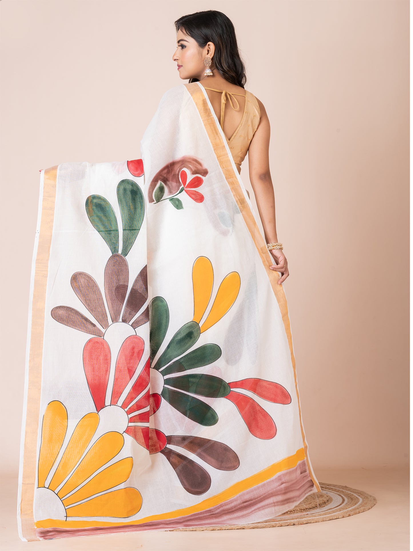 Bright White & Multi Floral Design Cotton Hand-Painted Saree By ITARA