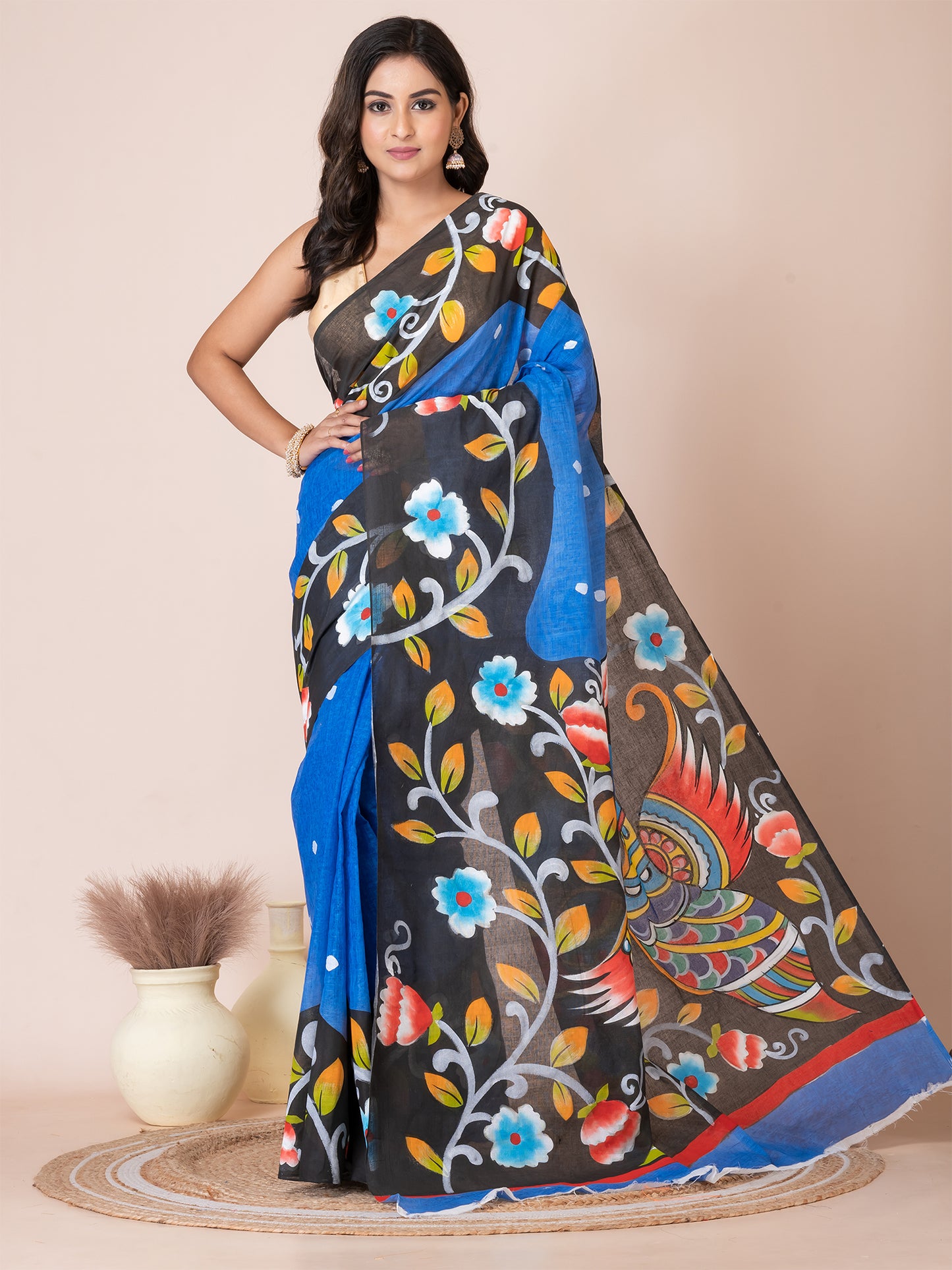 ITARA Blue & Multi Kalamkari Peacock Design Cotton Hand-Painted Saree