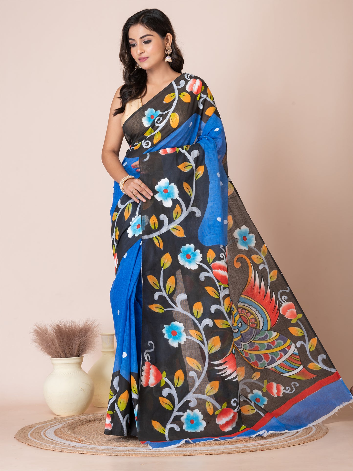 ITARA Blue & Multi Kalamkari Peacock Design Cotton Hand-Painted Saree