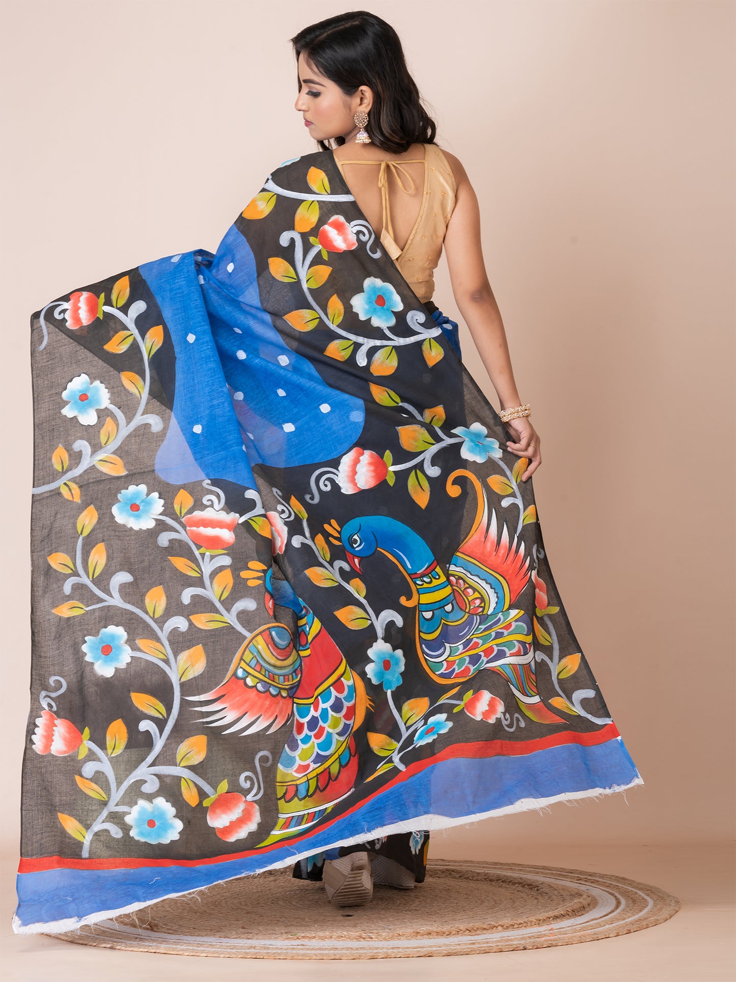 ITARA Blue & Multi Kalamkari Peacock Design Cotton Hand-Painted Saree