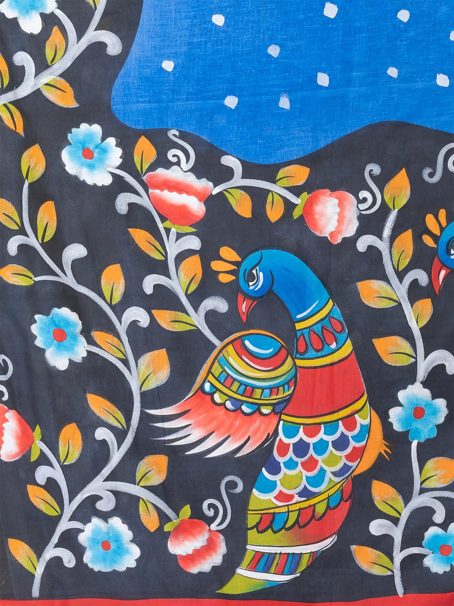 ITARA Blue & Multi Kalamkari Peacock Design Cotton Hand-Painted Saree