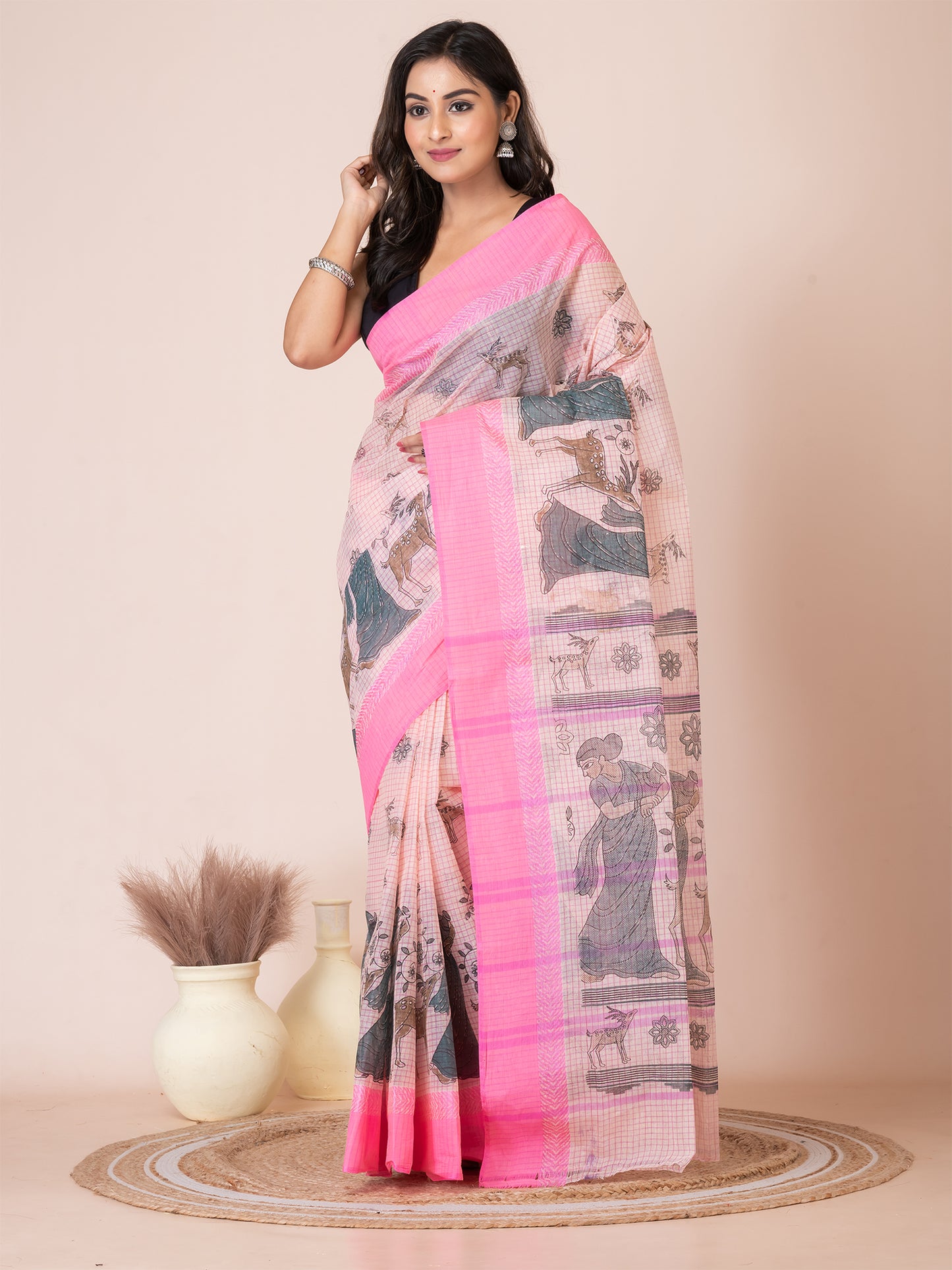 ITARA Pink Pure Cotton Shakuntala Print Taant Saree