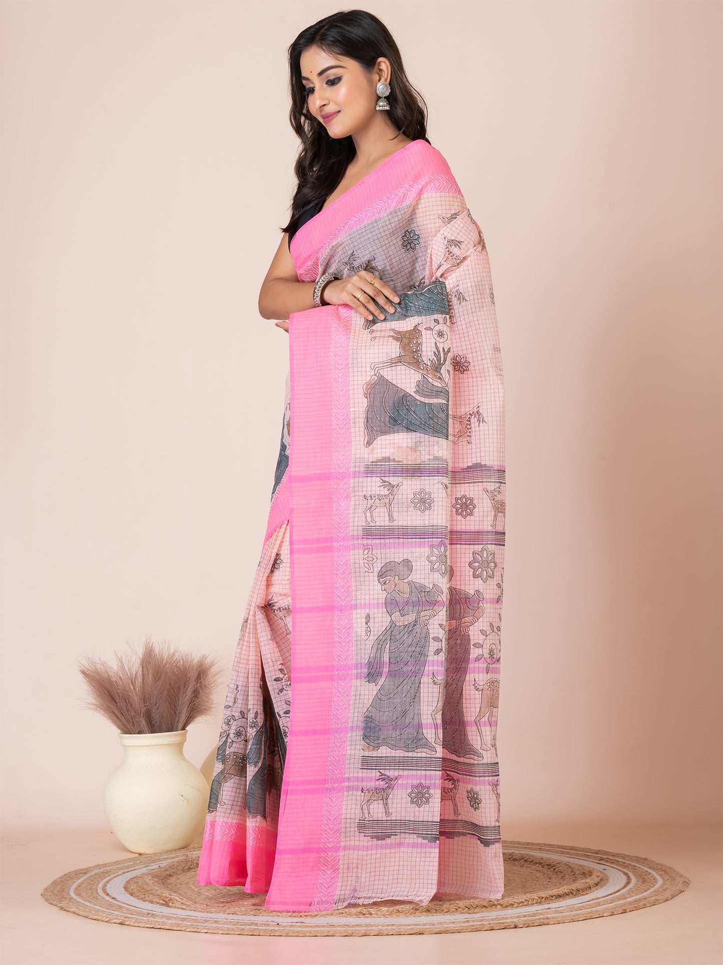 ITARA Pink Pure Cotton Shakuntala Print Taant Saree