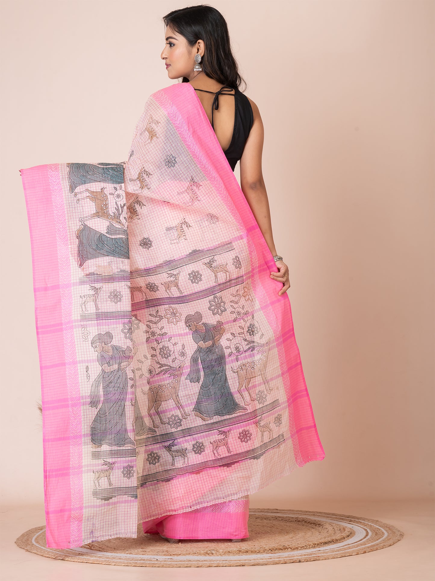 ITARA Pink Pure Cotton Shakuntala Print Taant Saree
