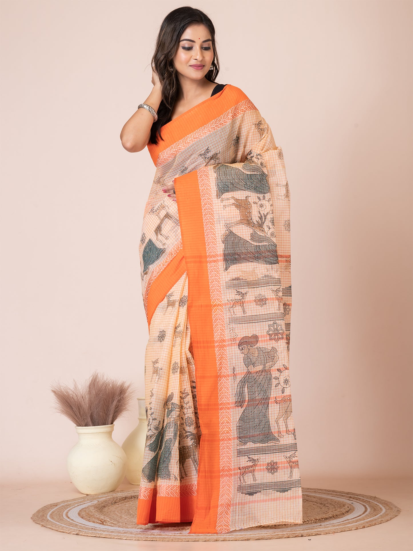 ITARA Orange pure cotton Shakuntala Print Taant saree