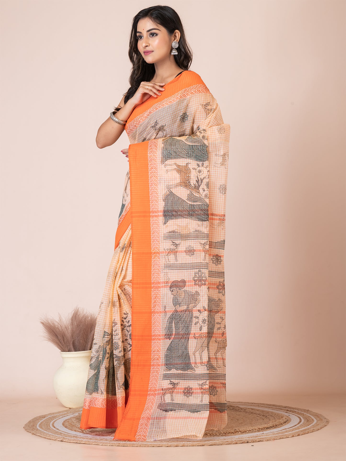 ITARA Orange pure cotton Shakuntala Print Taant saree