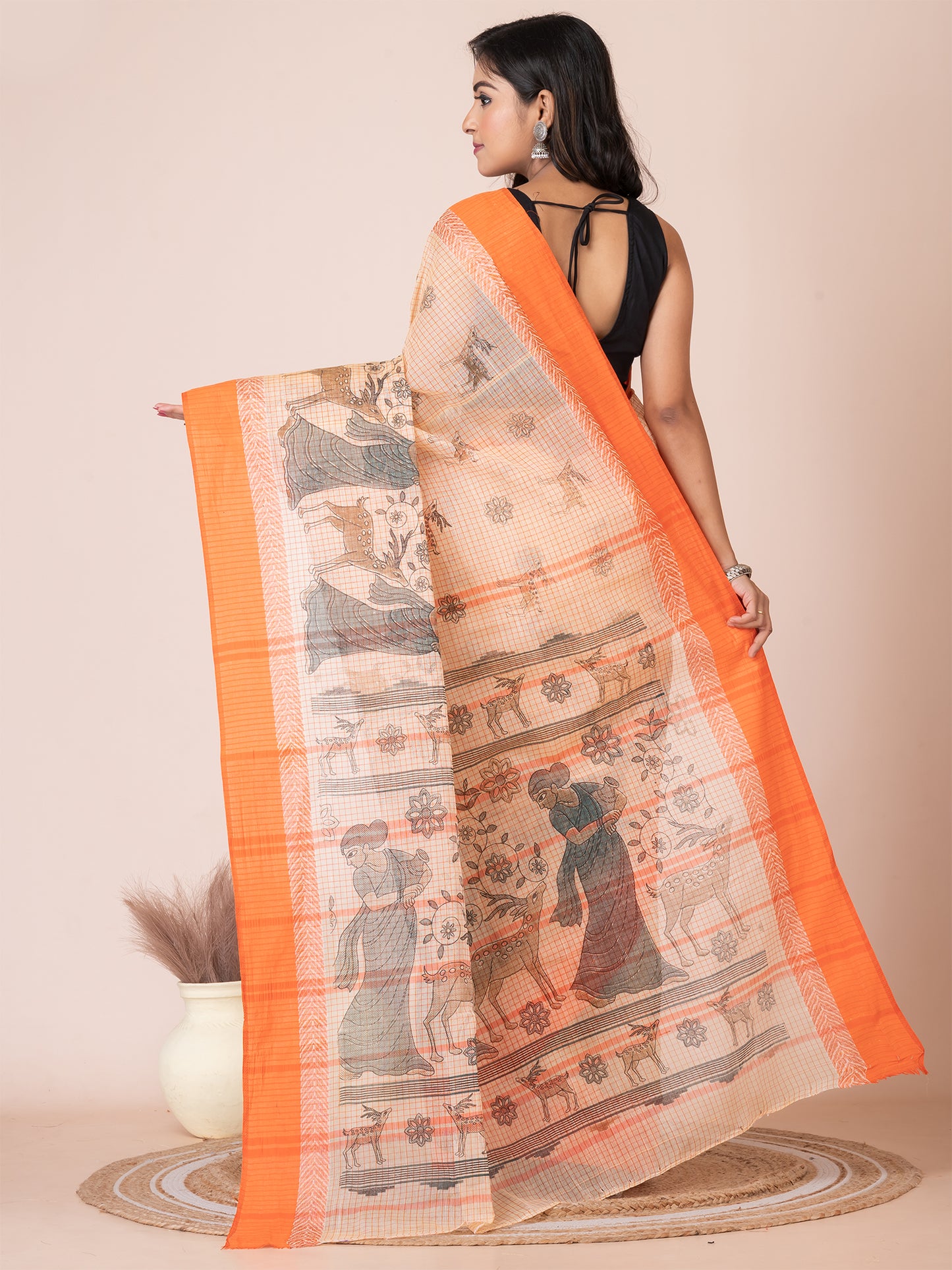ITARA Orange pure cotton Shakuntala Print Taant saree