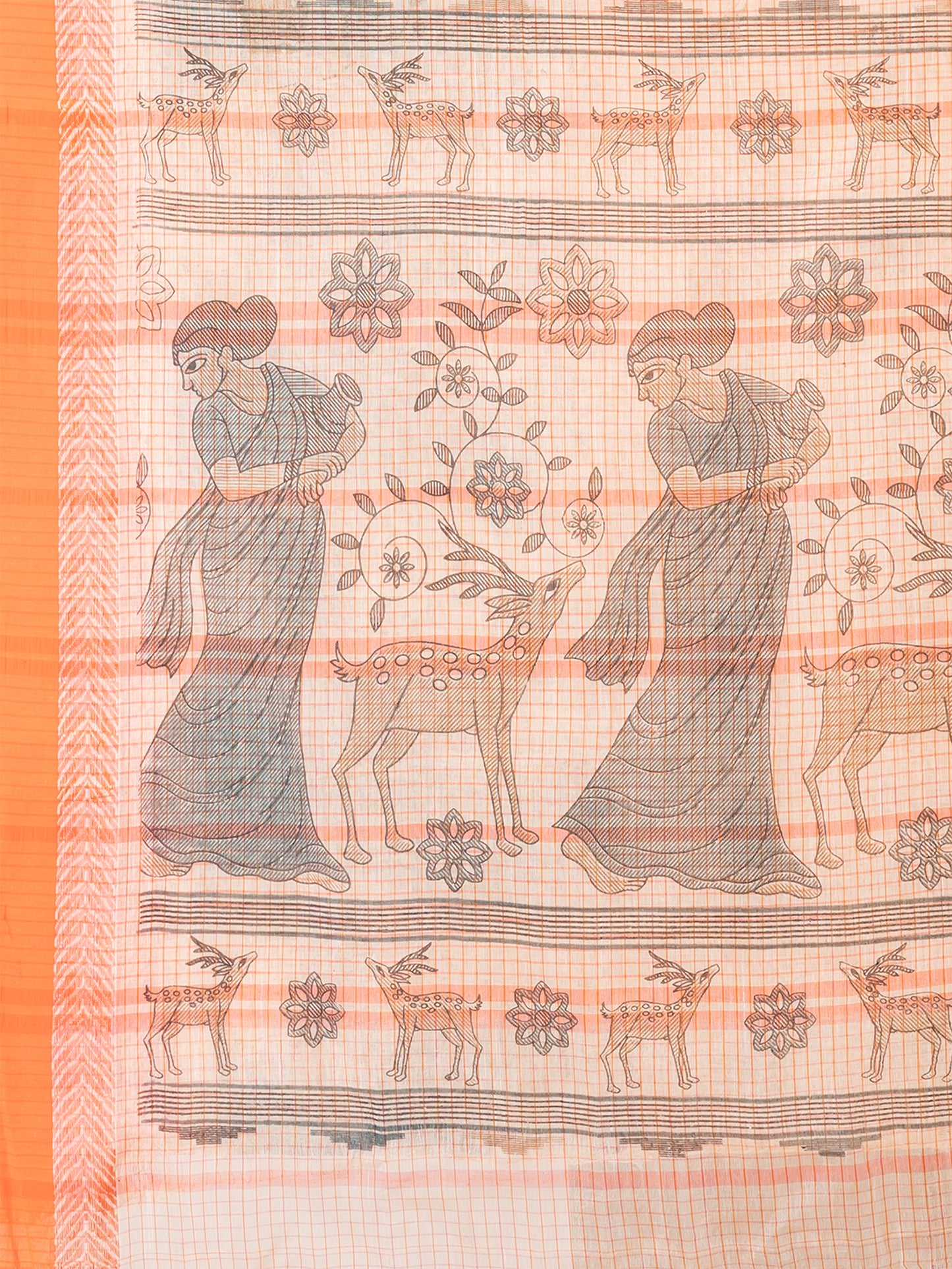 ITARA Orange pure cotton Shakuntala Print Taant saree