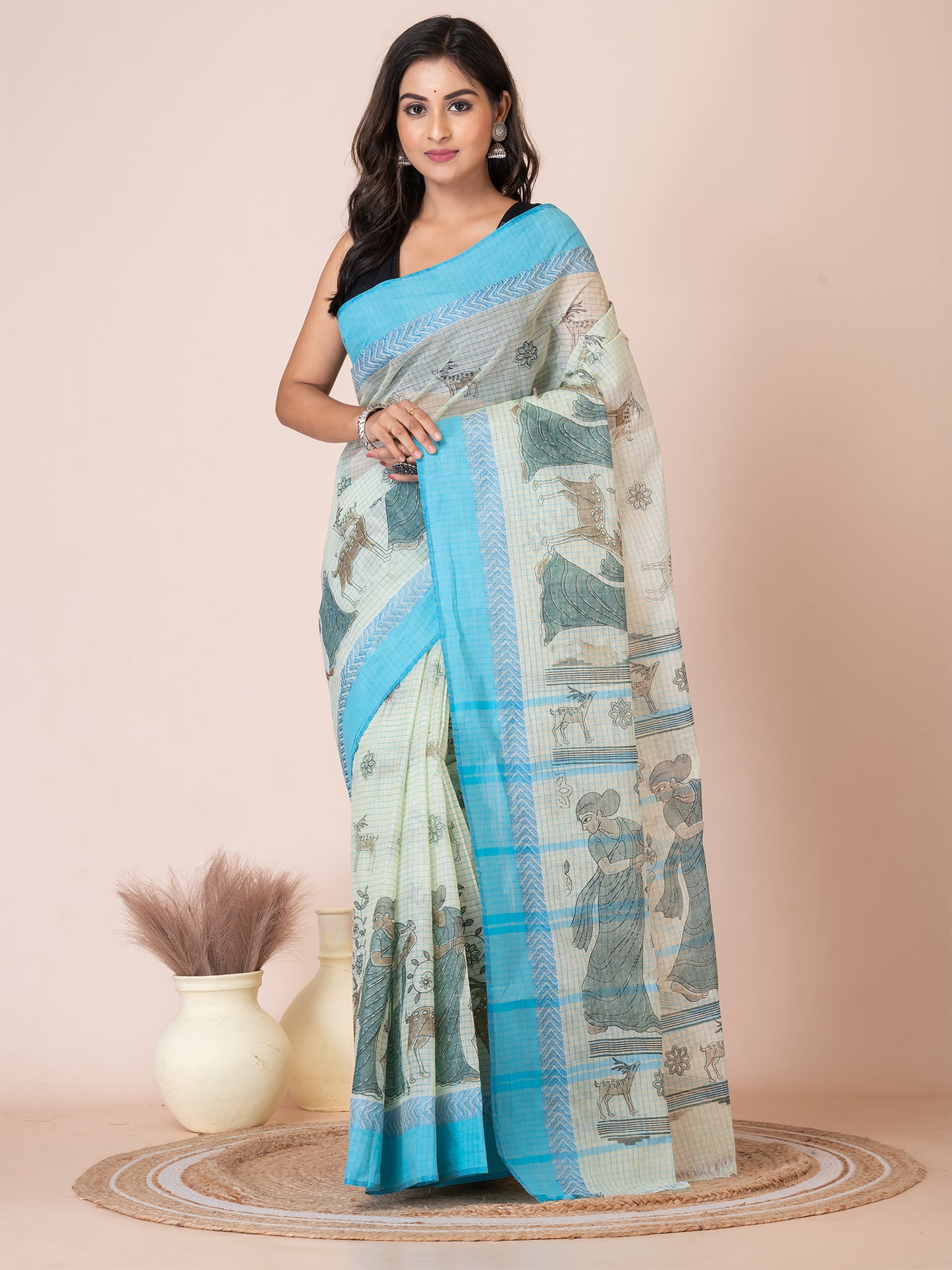 ITARA Pista Green & Sky Blue pure cotton Shakuntala Print Taant saree