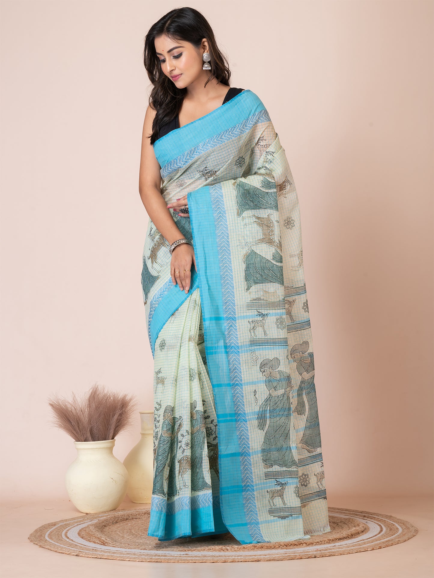 ITARA Pista Green & Sky Blue pure cotton Shakuntala Print Taant saree