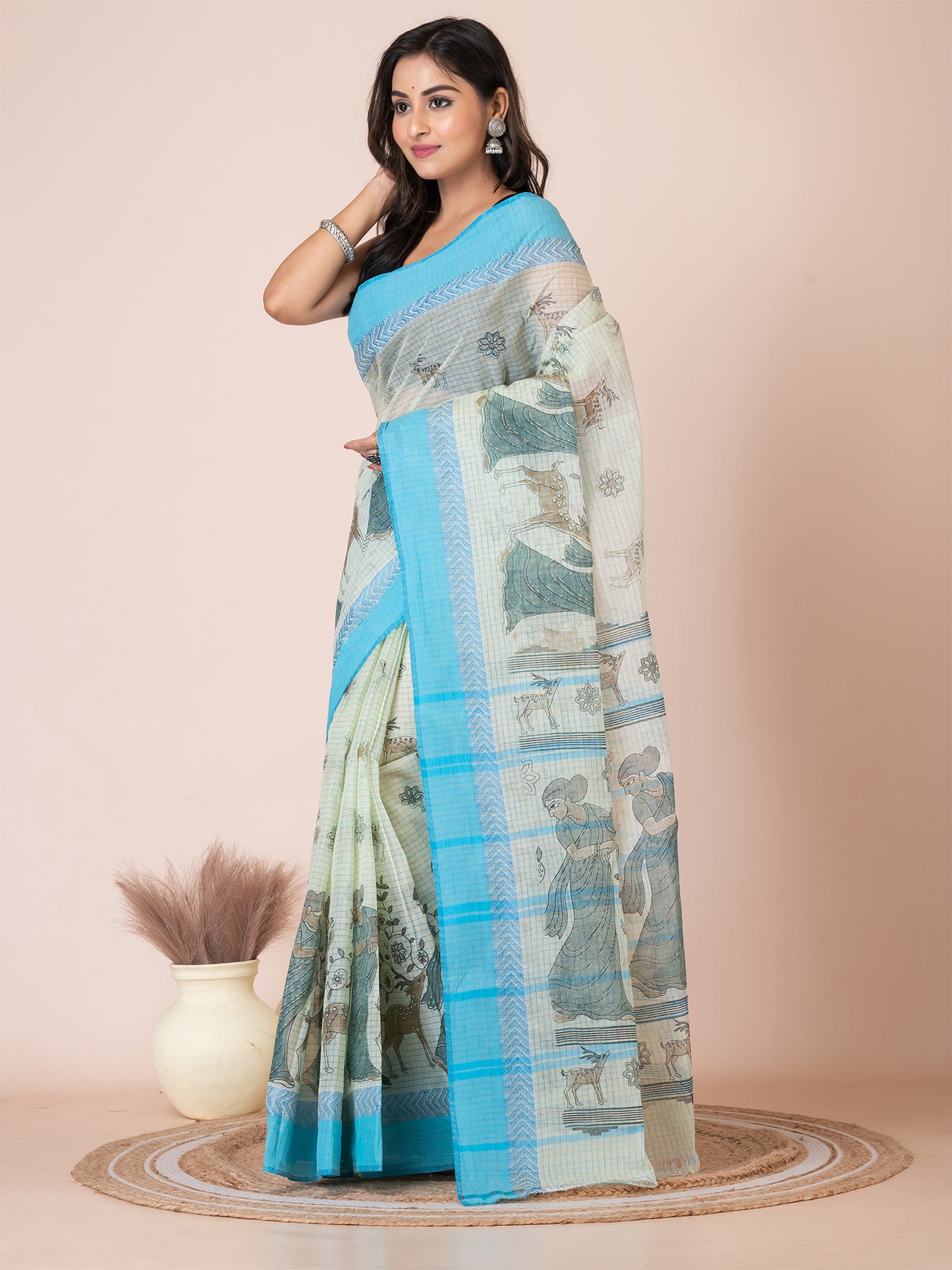 ITARA Pista Green & Sky Blue pure cotton Shakuntala Print Taant saree