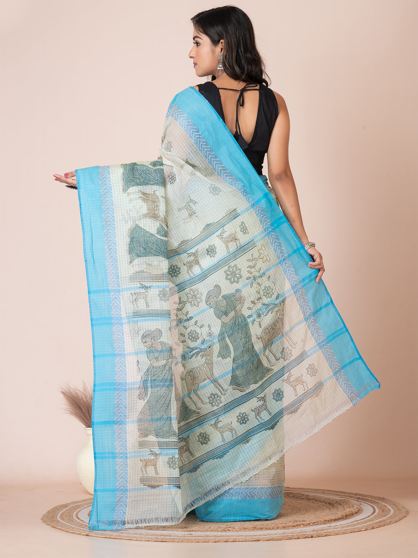 ITARA Pista Green & Sky Blue pure cotton Shakuntala Print Taant saree