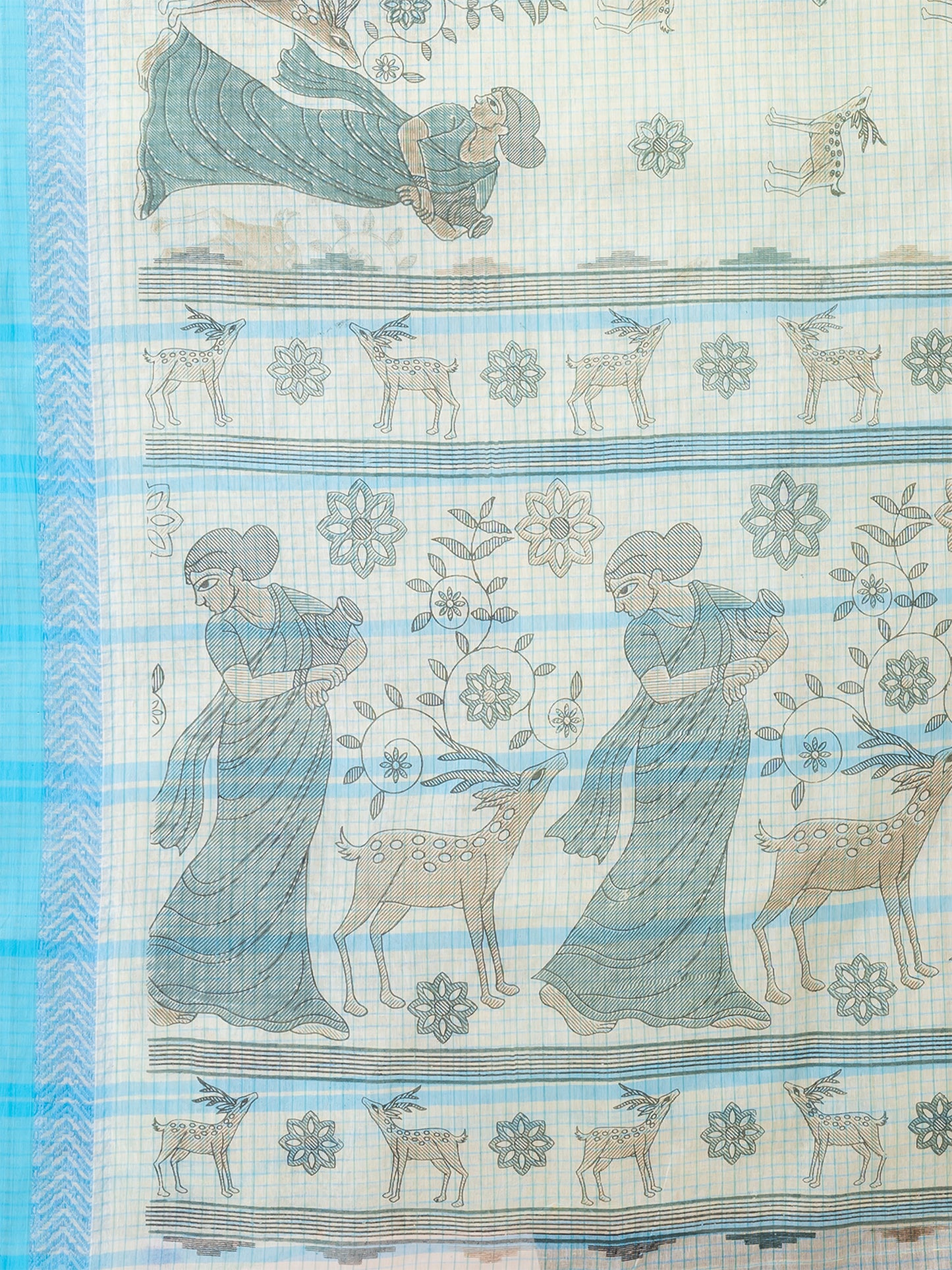 ITARA Pista Green & Sky Blue pure cotton Shakuntala Print Taant saree