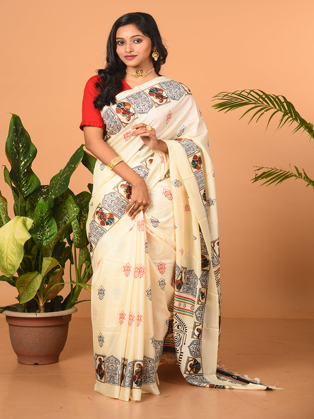 ITARA Off White & Multi printed semi pure silk saree