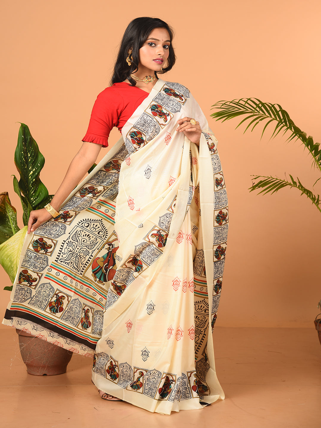 ITARA Off White & Multi printed semi pure silk saree