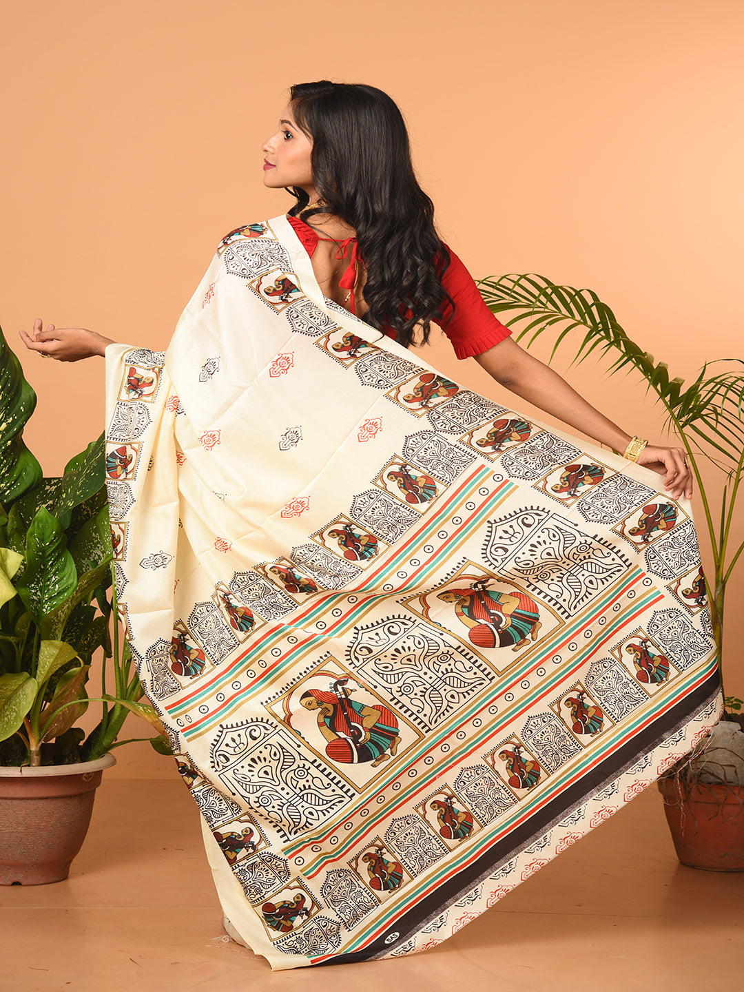 ITARA Off White & Multi printed semi pure silk saree