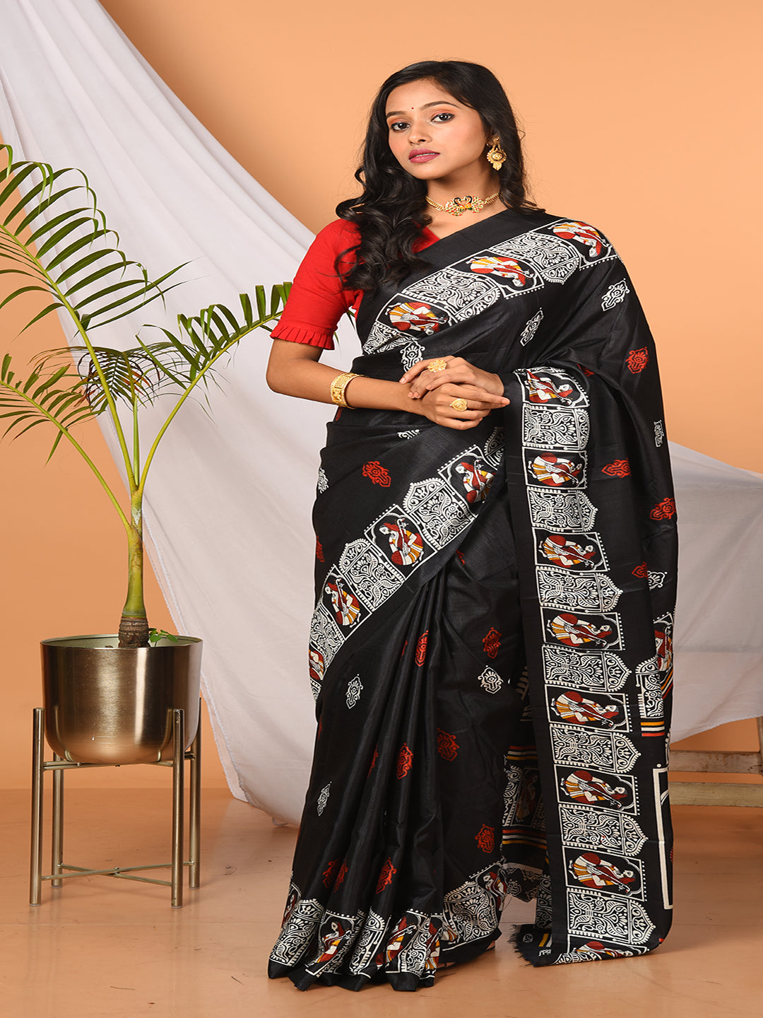 ITARA Black & Multi printed semi pure silk saree