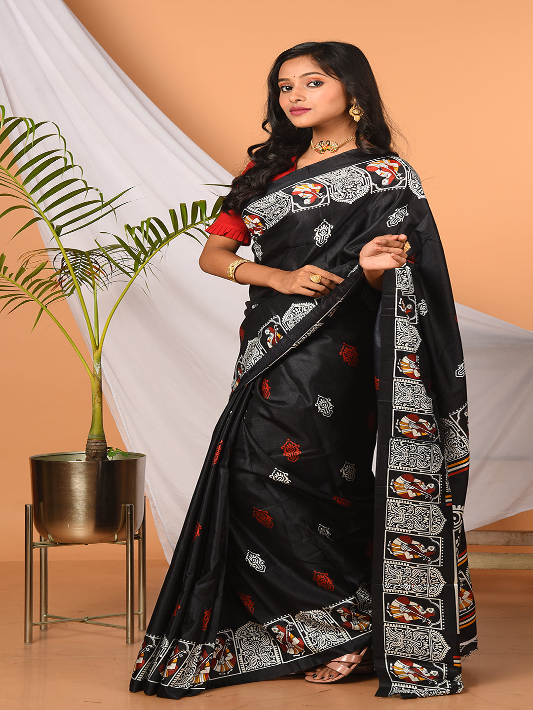 ITARA Black & Multi printed semi pure silk saree