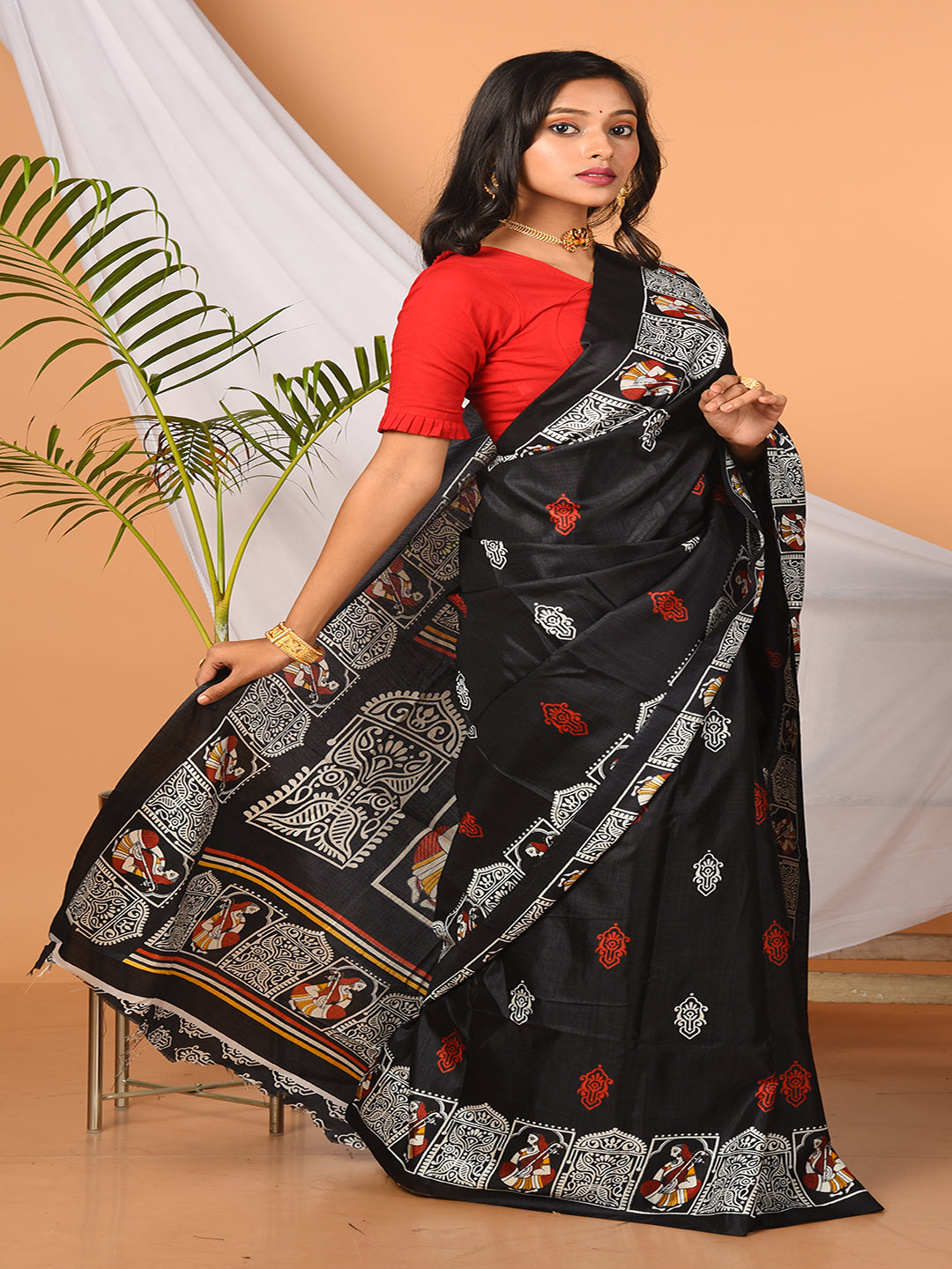 ITARA Black & Multi printed semi pure silk saree