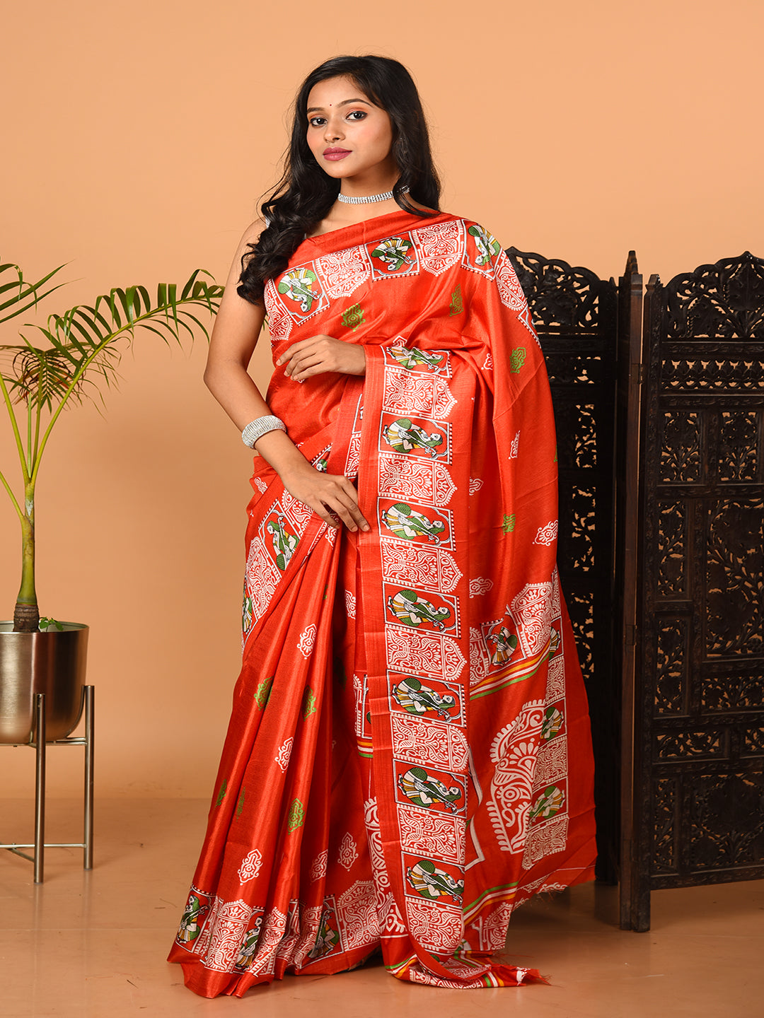 ITARA Red & Multi Printed Semi Pure Silk Saree