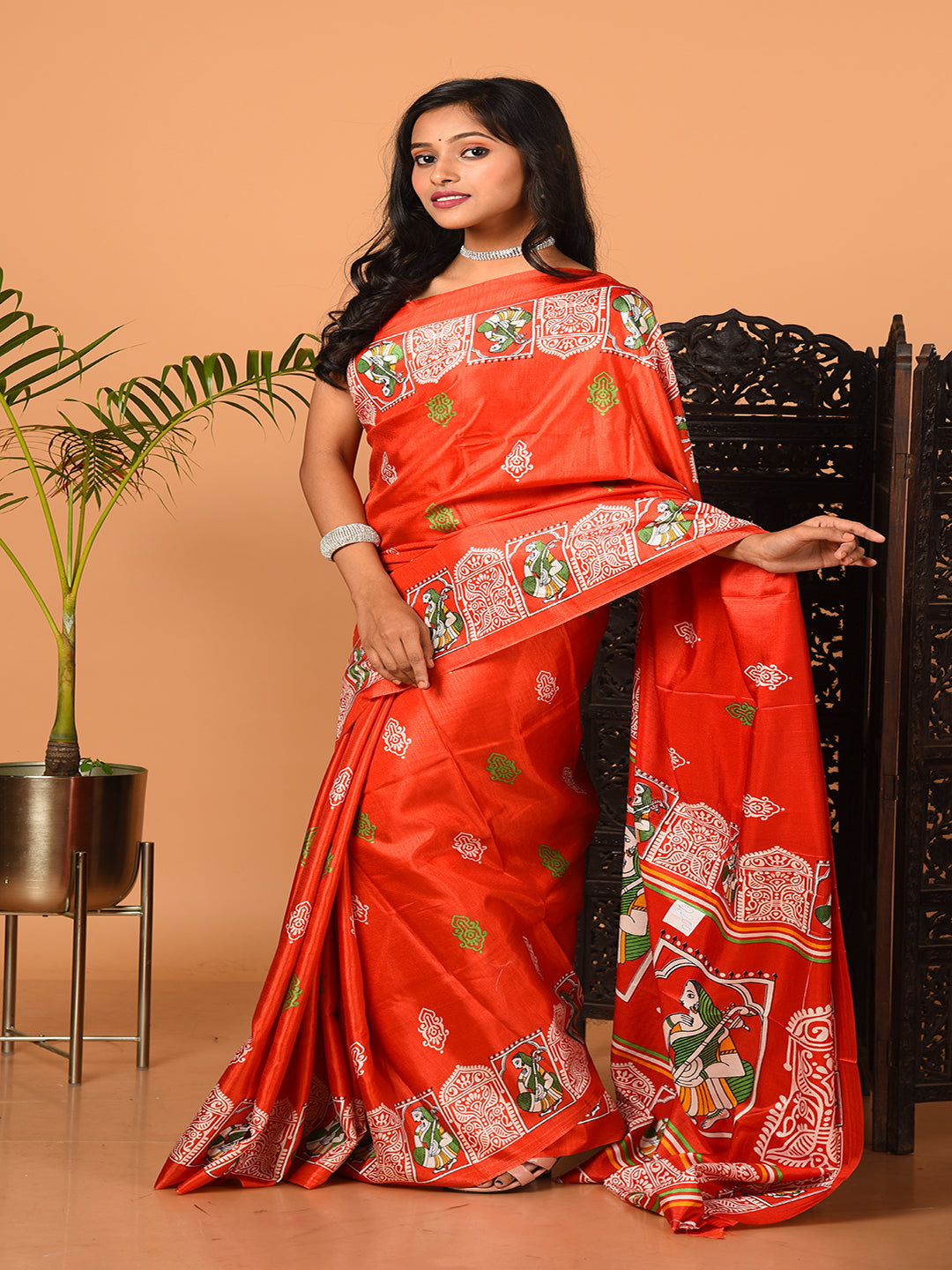 ITARA Red & Multi Printed Semi Pure Silk Saree
