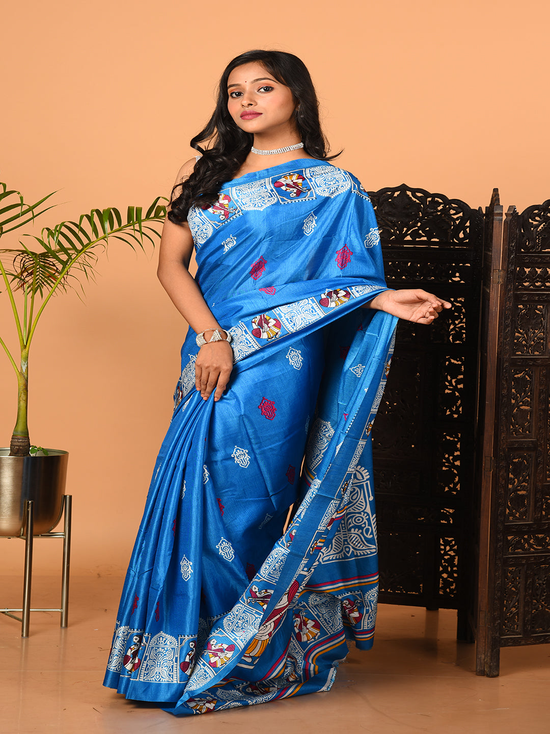 ITARA Blue & Multi printed semi-pure silk saree