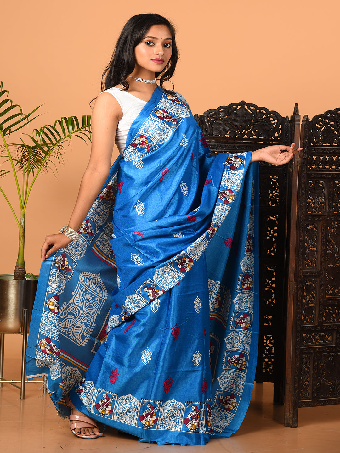ITARA Blue & Multi printed semi-pure silk saree