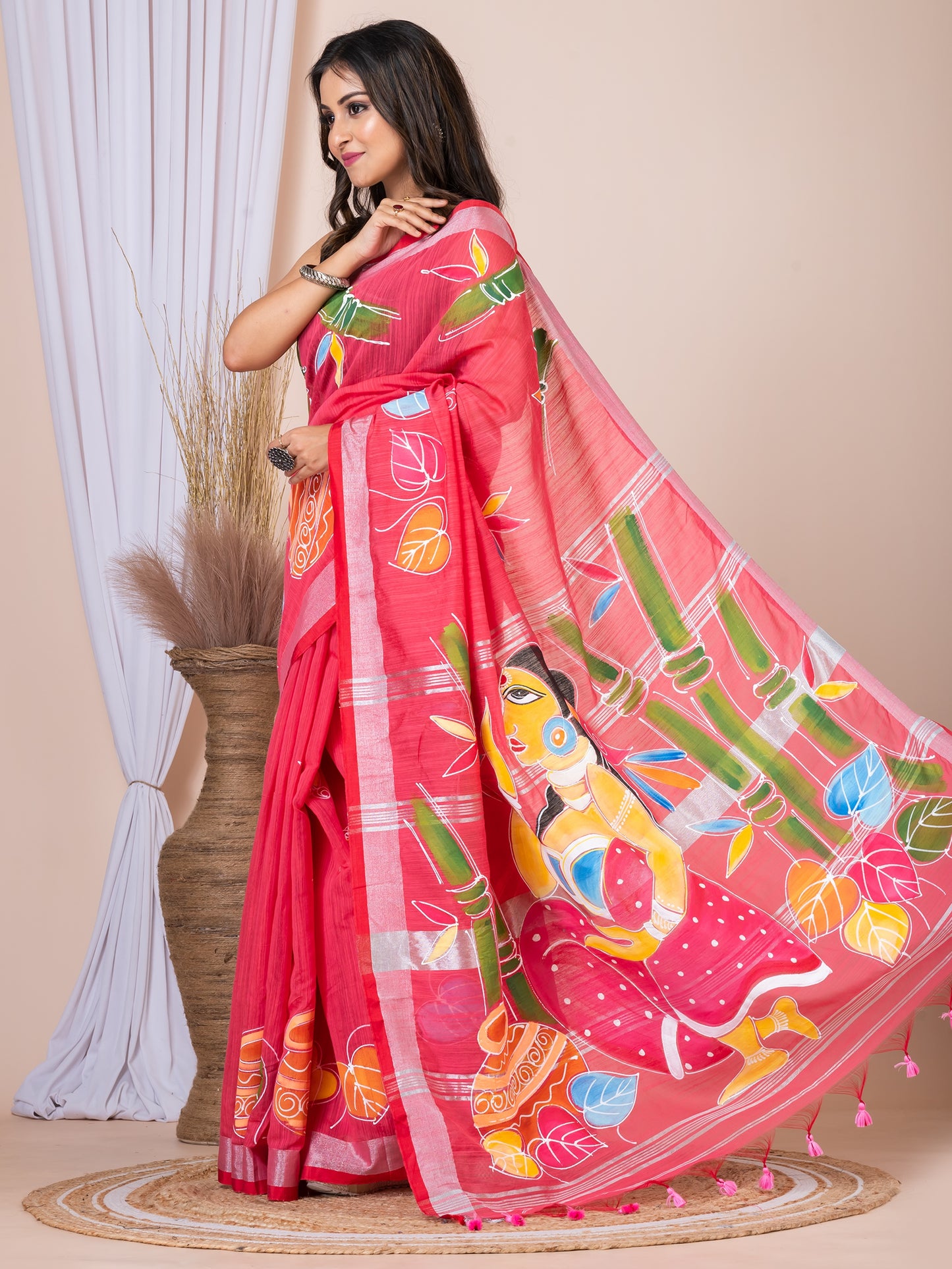 ITARA Pink & Multi Linen Blend Hand-Painted Saree