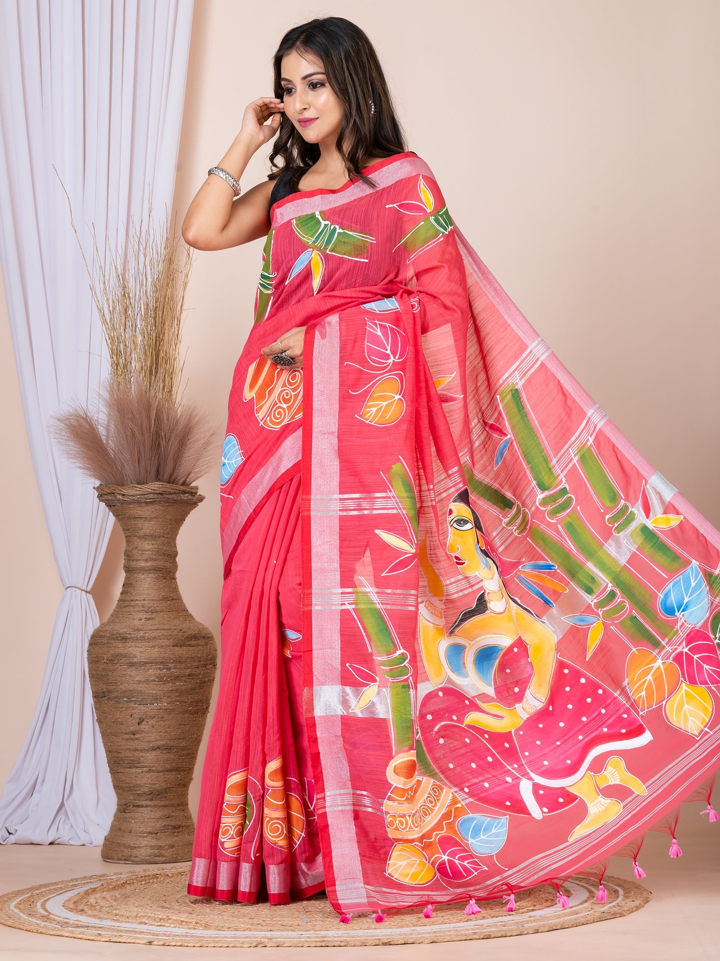 ITARA Pink & Multi Linen Blend Hand-Painted Saree