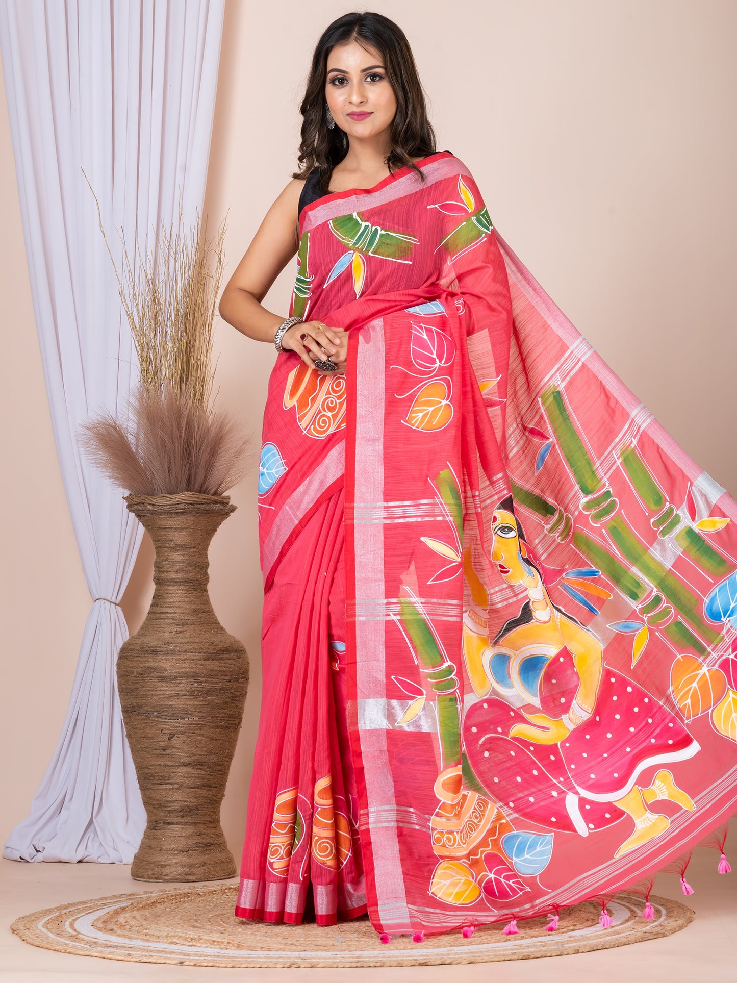 ITARA Pink & Multi Linen Blend Hand-Painted Saree