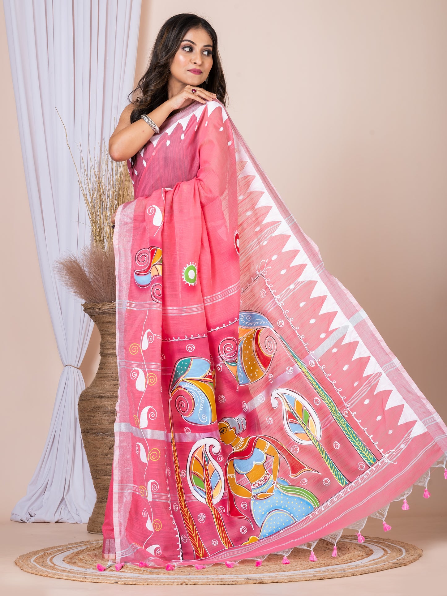 ITARA Pink & Multi Linen blend hand painted women saree