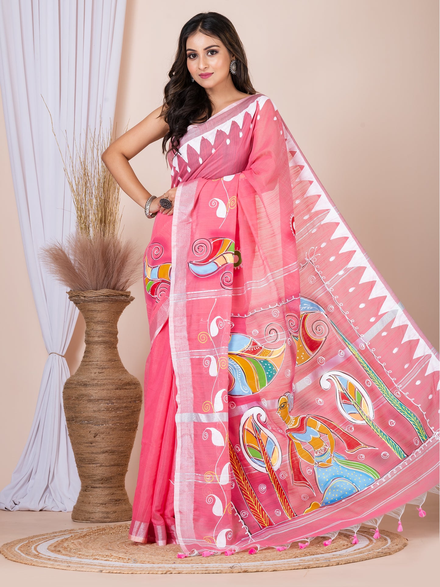 ITARA Pink & Multi Linen blend hand painted women saree