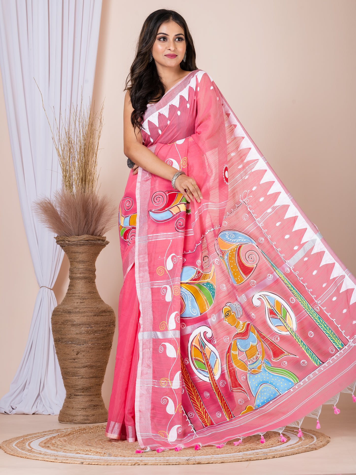 ITARA Pink & Multi Linen blend hand painted women saree