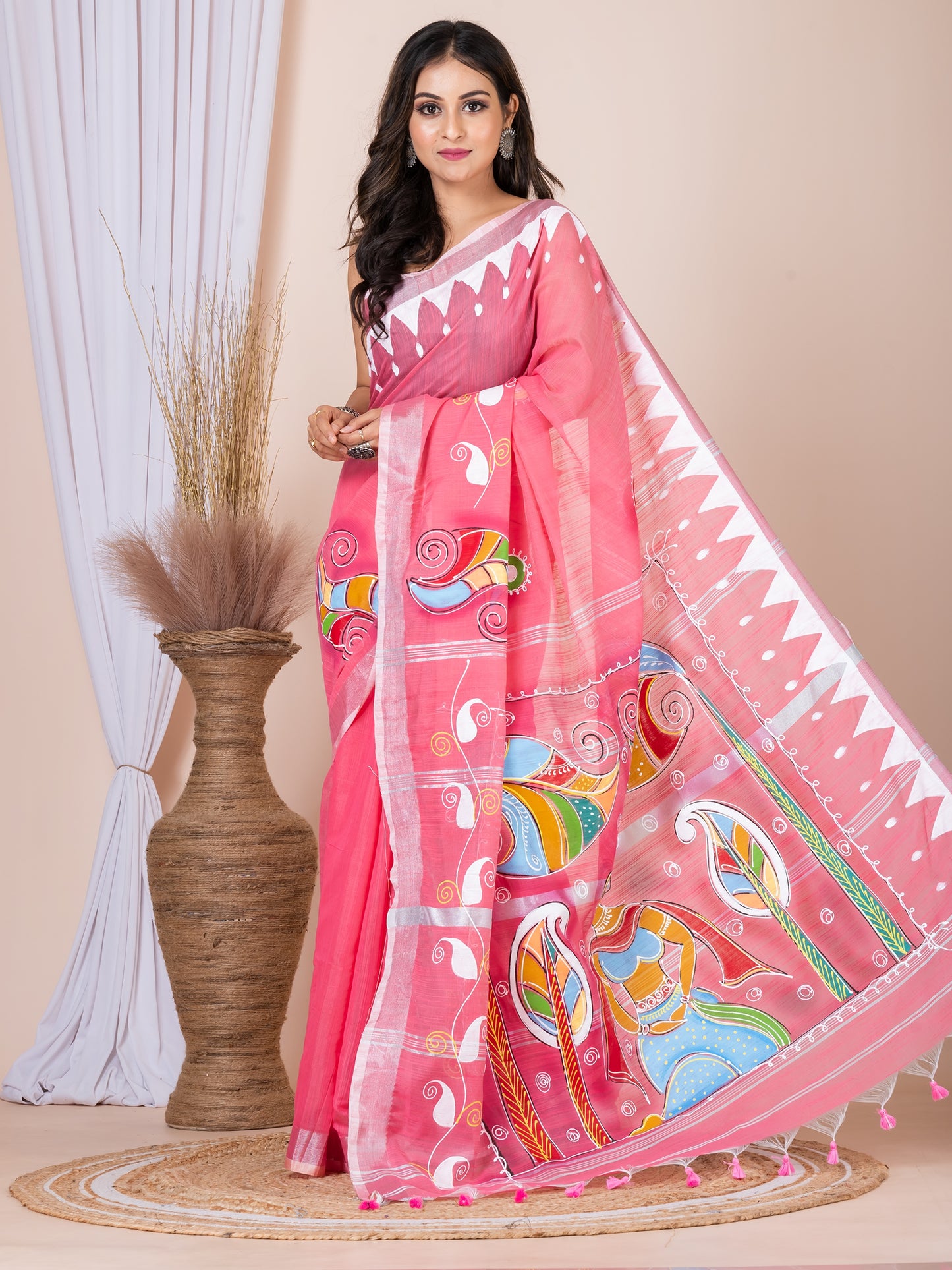 ITARA Pink & Multi Linen blend hand painted women saree