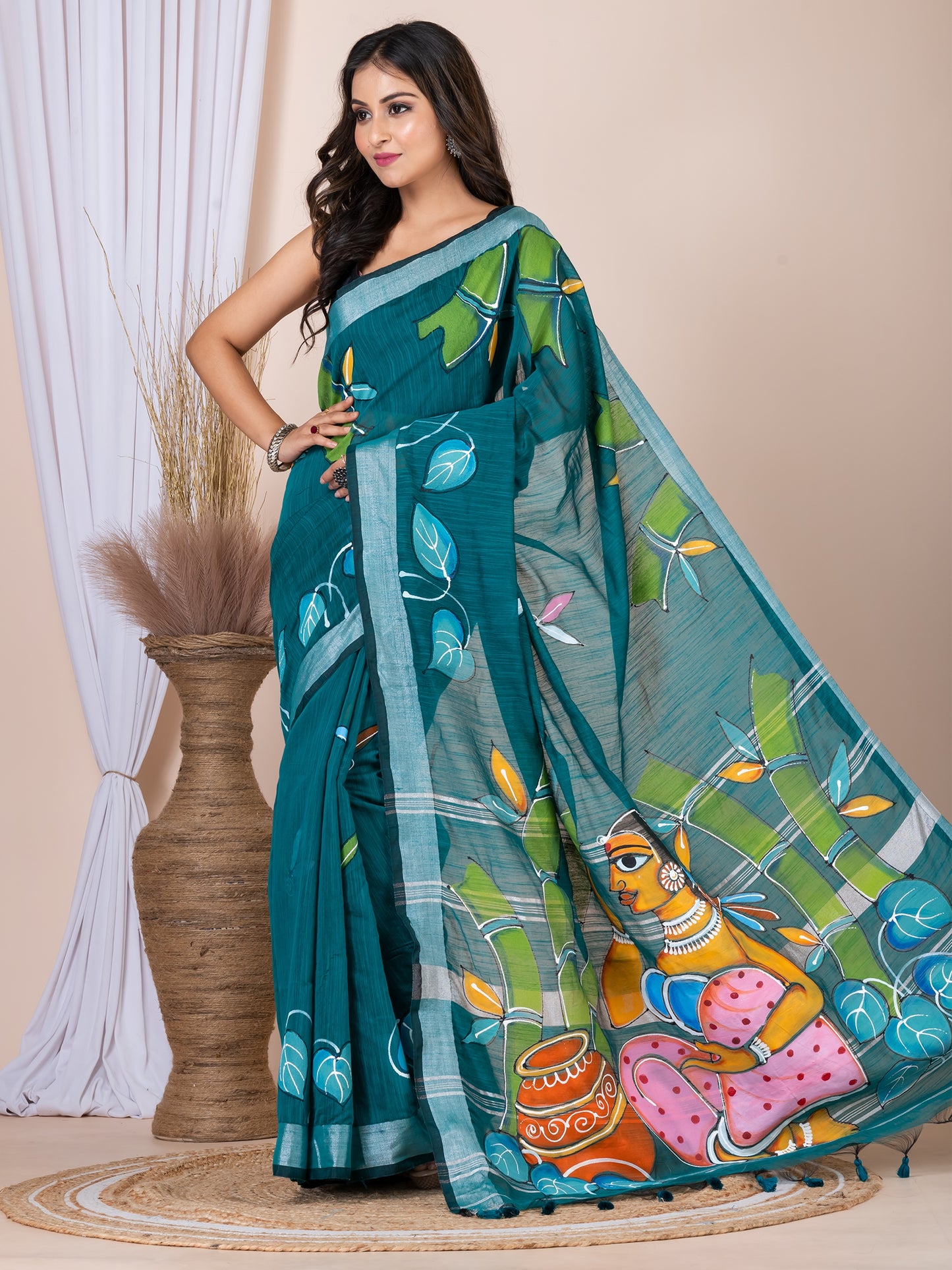ITARA Green & Multi Linen Blend Hand-Painted Saree