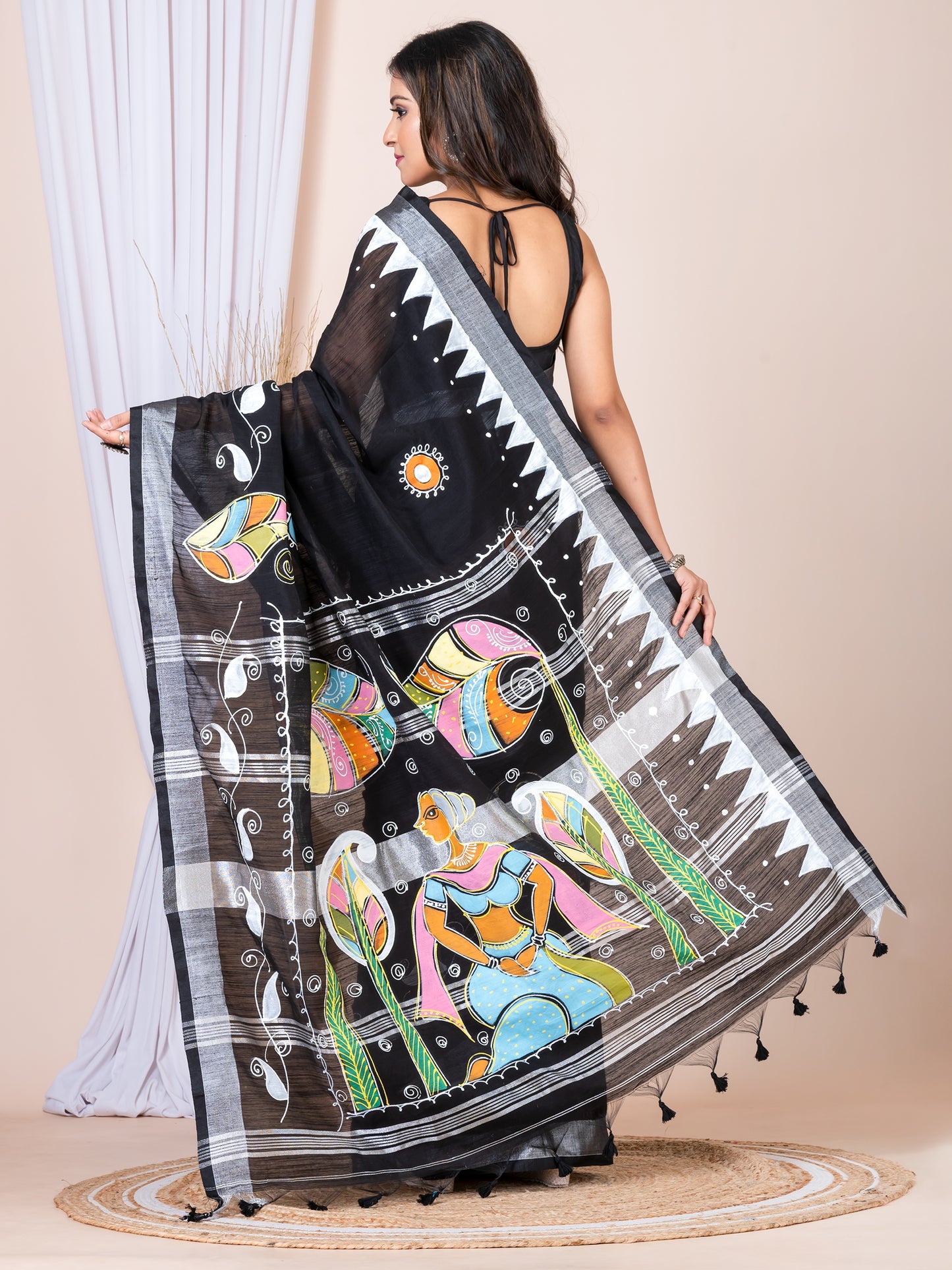 ITARA Black & Multi Linen Blend Hand-Painted Saree