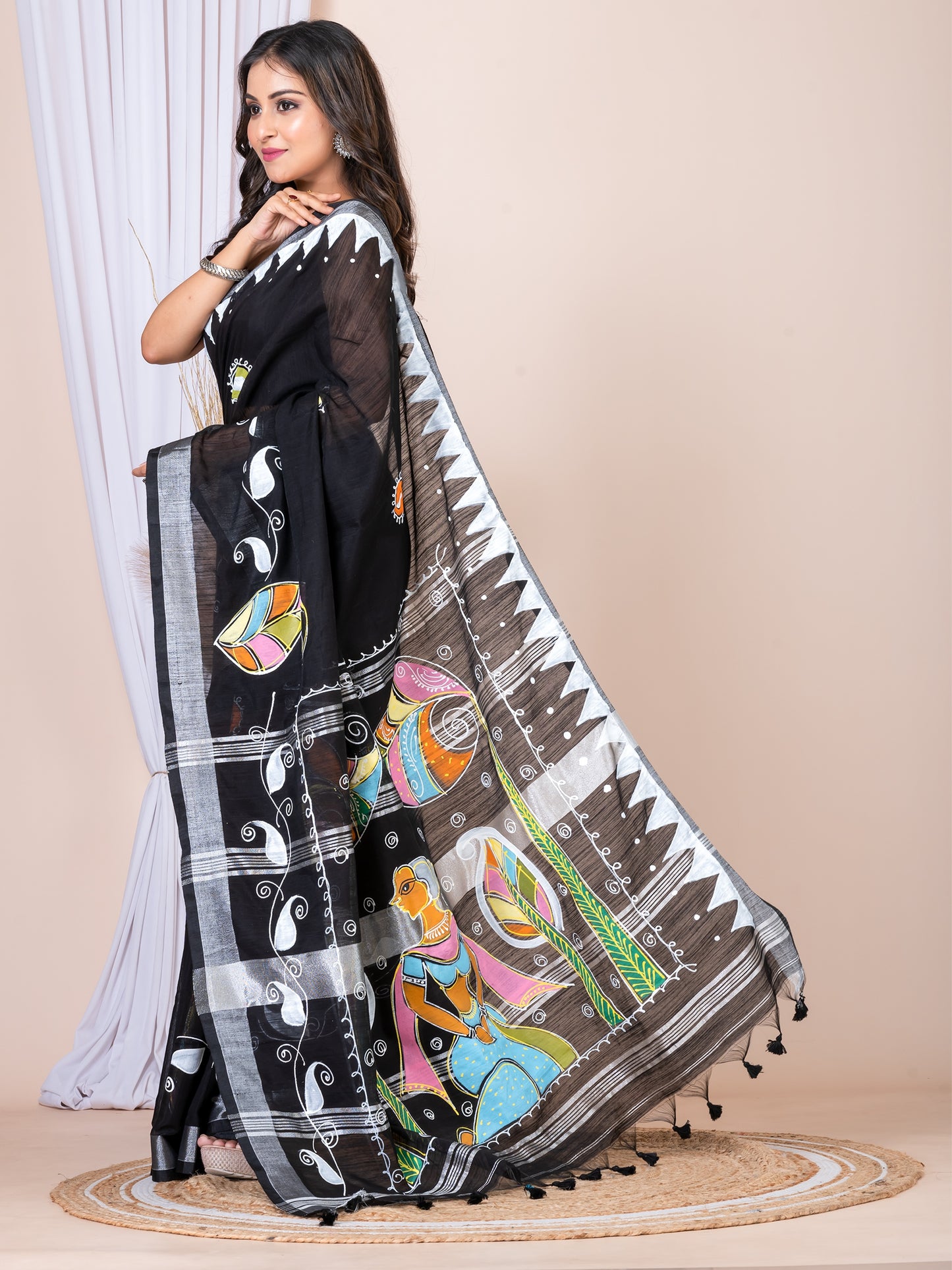 ITARA Black & Multi Linen Blend Hand-Painted Saree