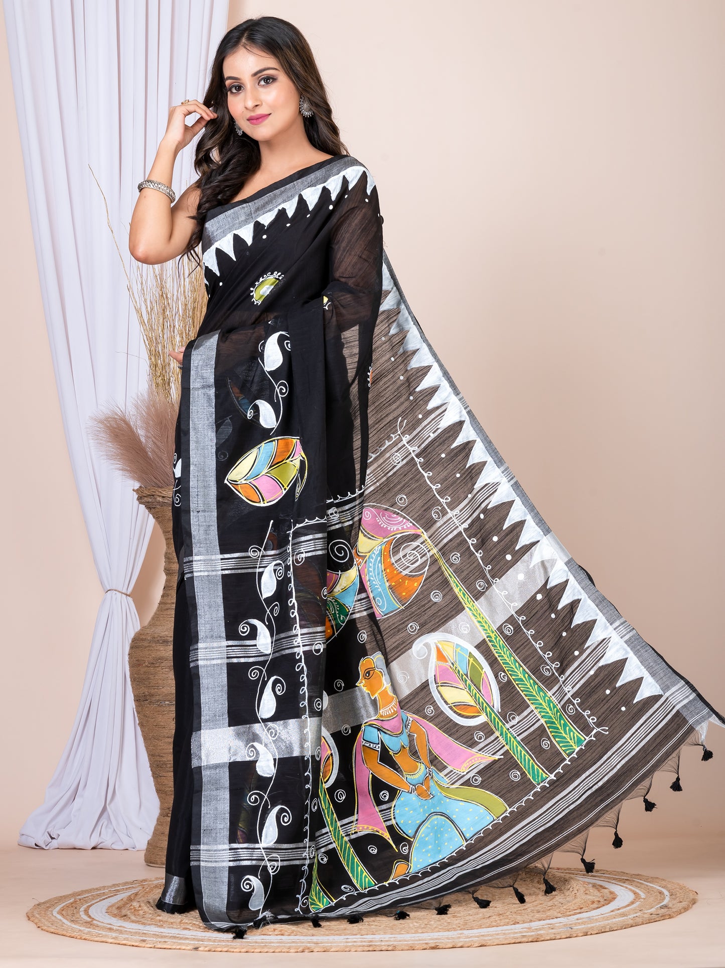 ITARA Black & Multi Linen Blend Hand-Painted Saree