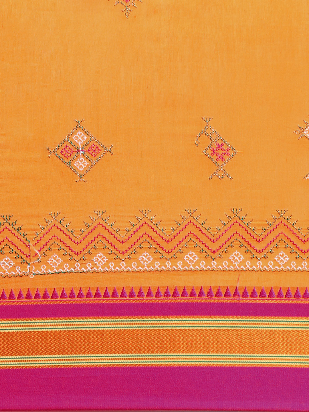 Kasuti Work Handloom Cotton Blend Saree in Mustard with Pink & Gold Border