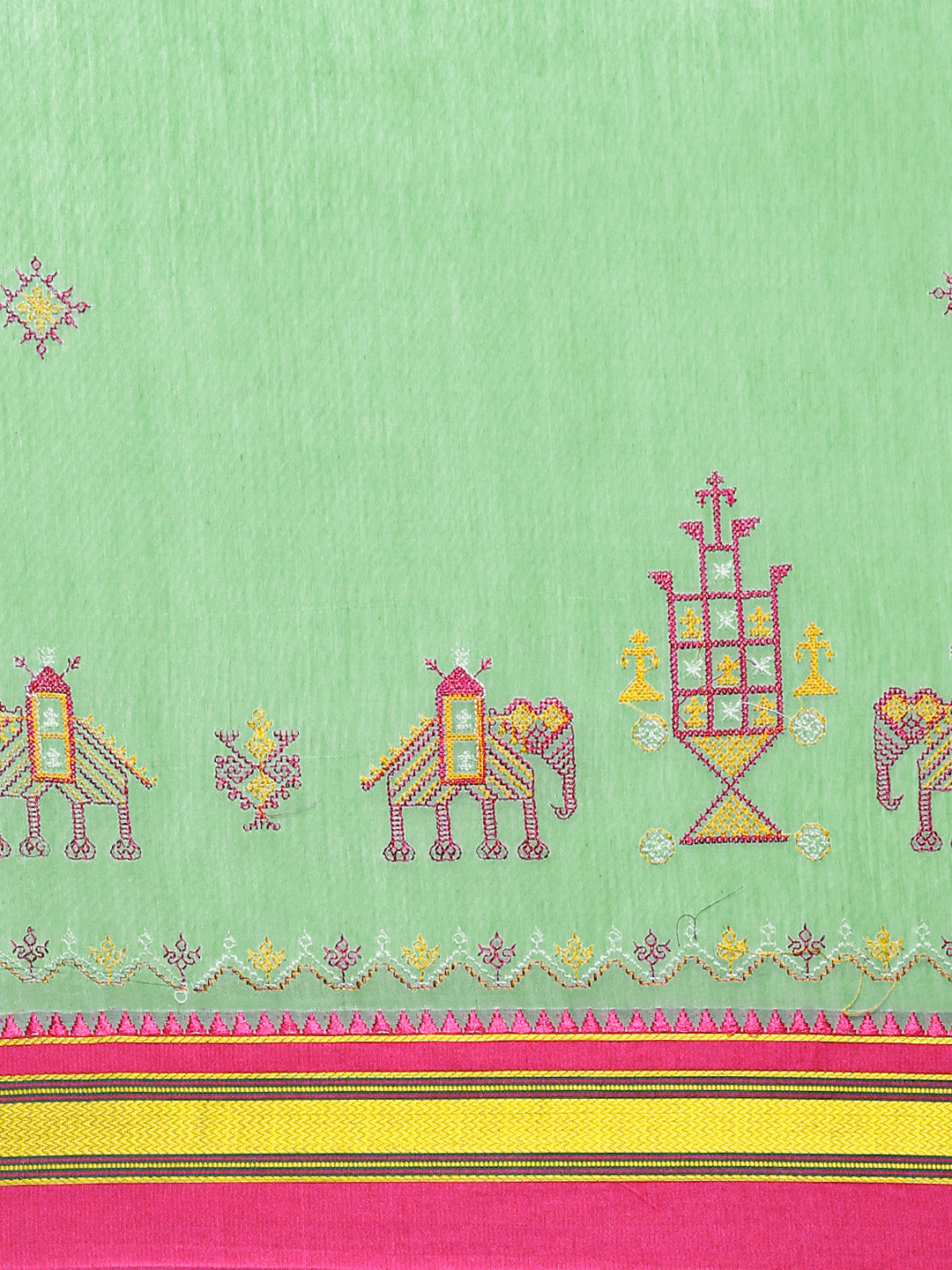 Kasuti Work Handloom Cotton Blend Saree in Light Green With Pink Border