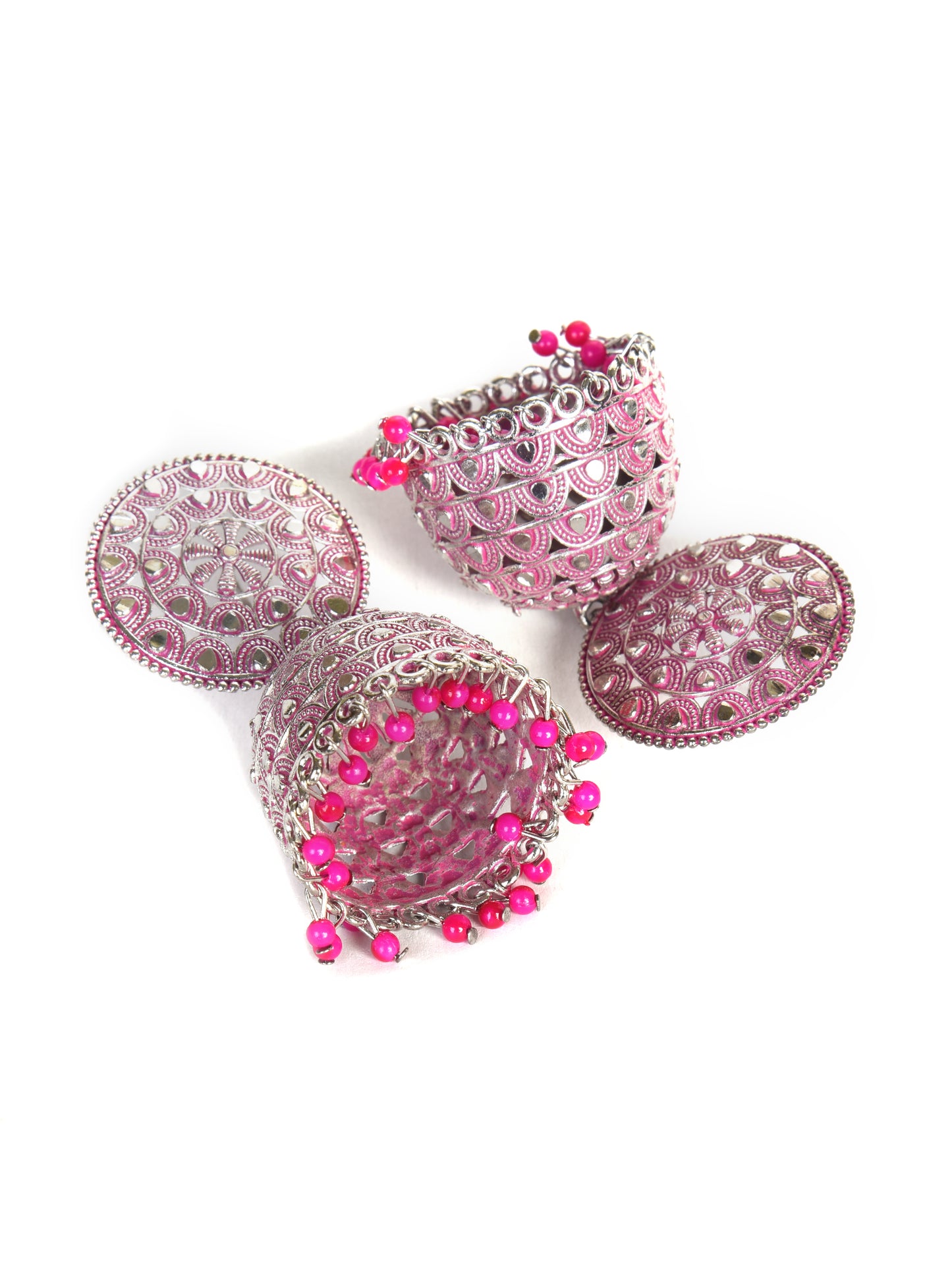 ITARA Pink & Silver-Toned Dome Shaped Jhumkas