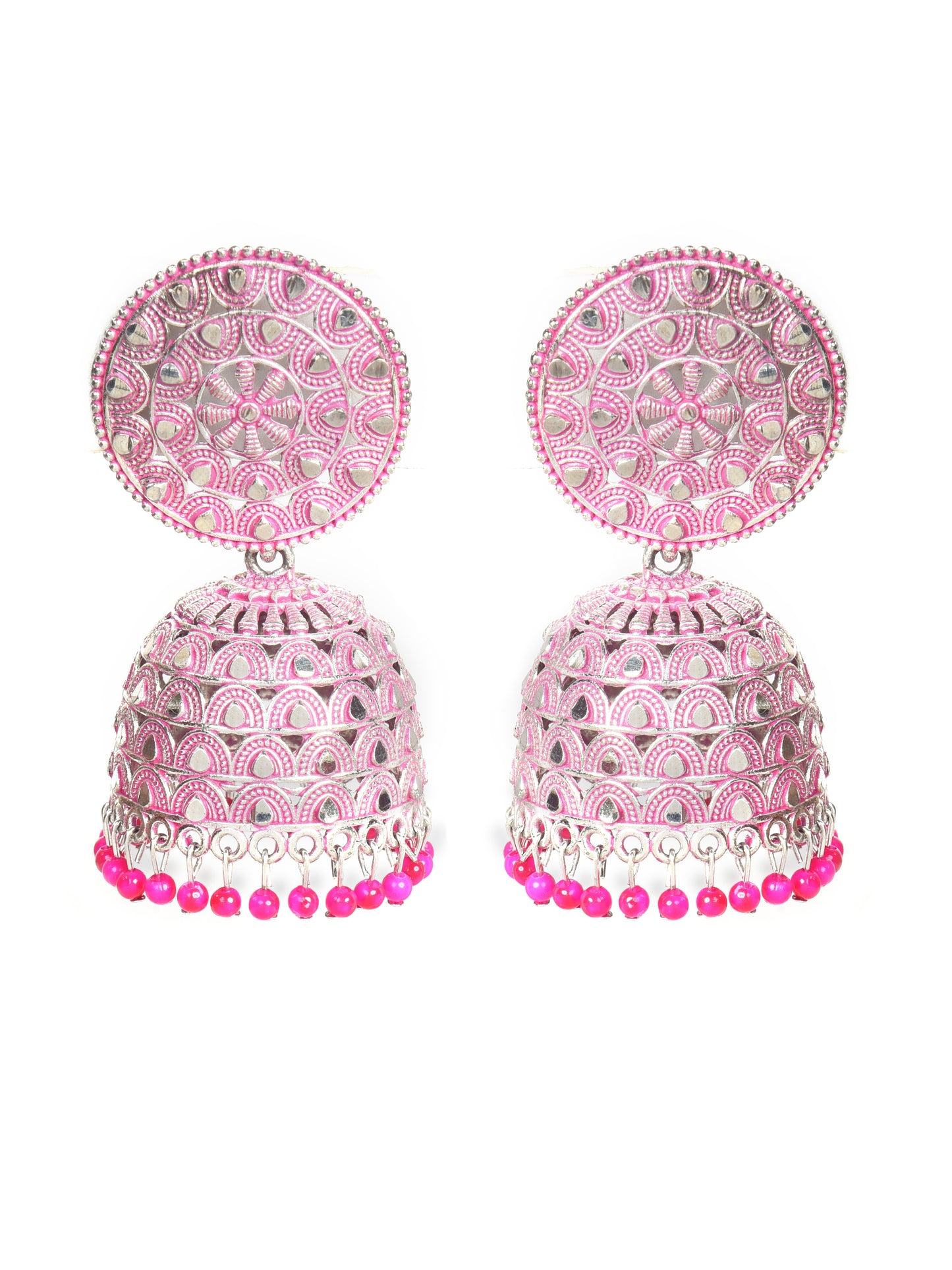ITARA Pink & Silver-Toned Dome Shaped Jhumkas