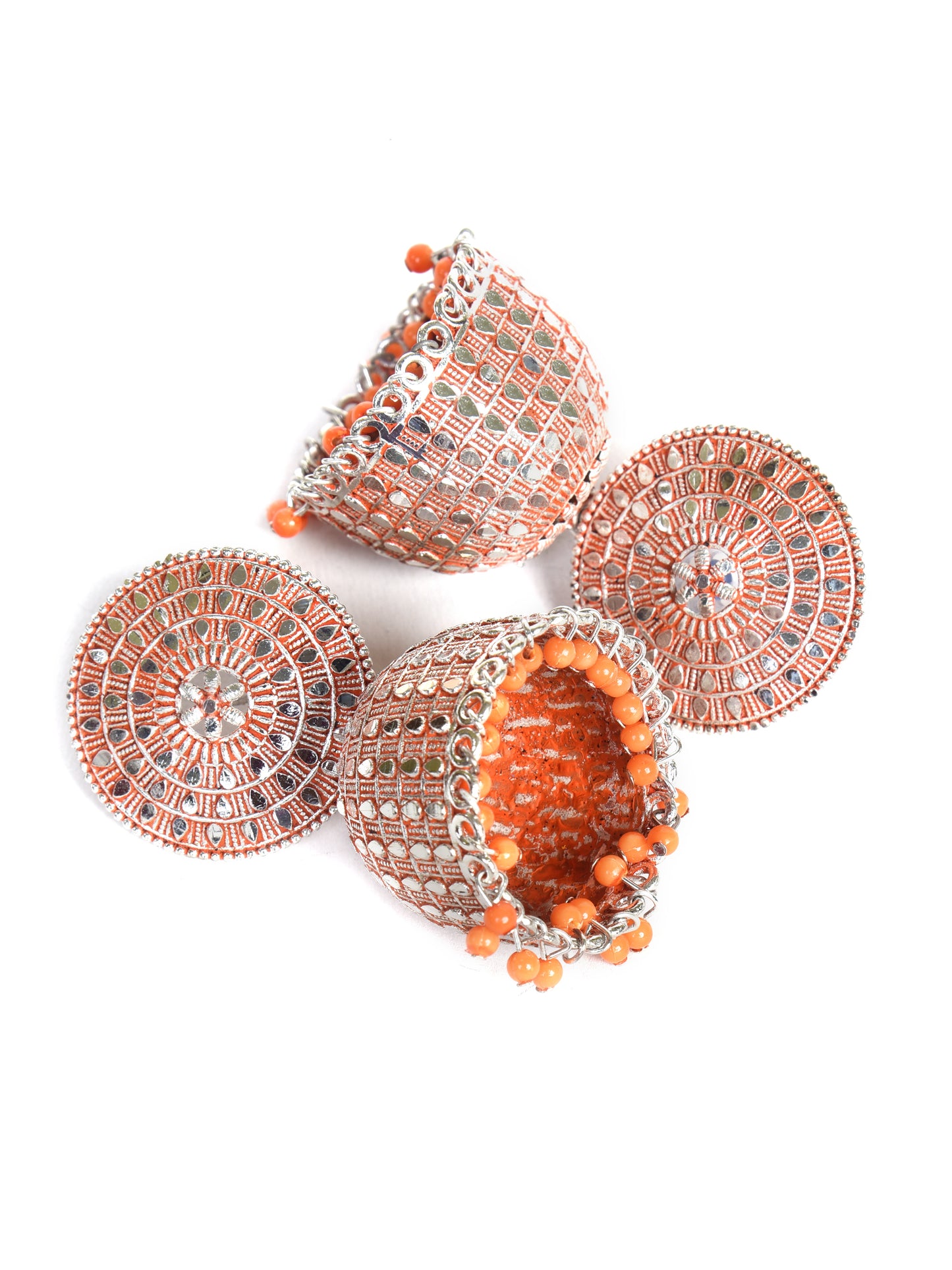 ITARA Orange & Silver-Toned Dome Shaped Jhumkas