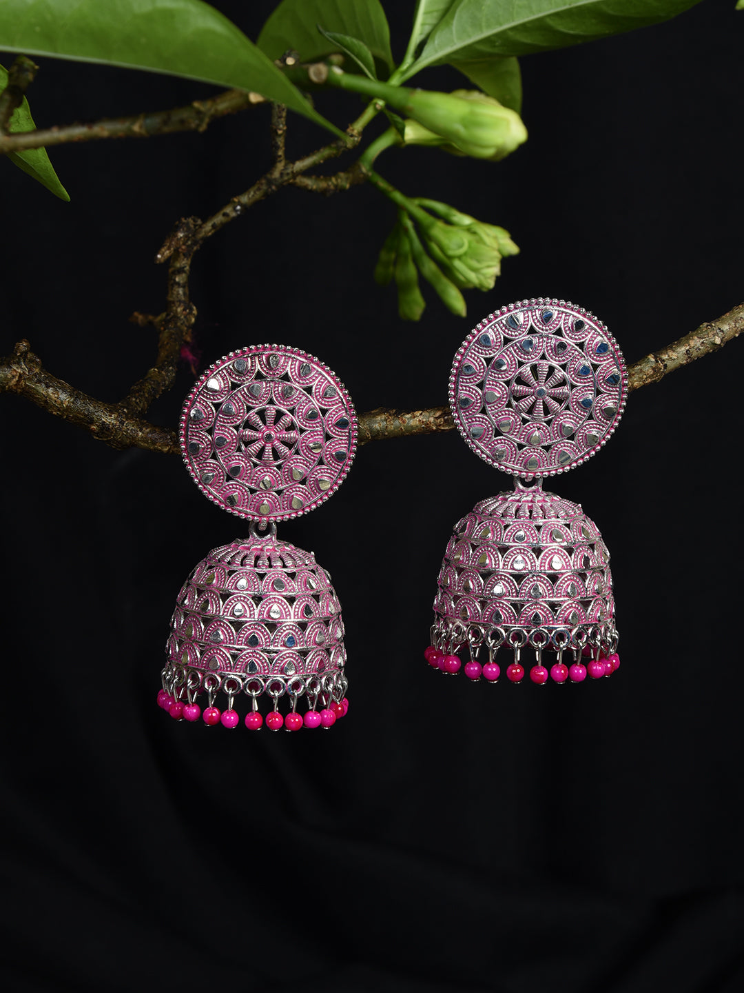ITARA Pink & Silver-Toned Dome Shaped Jhumkas
